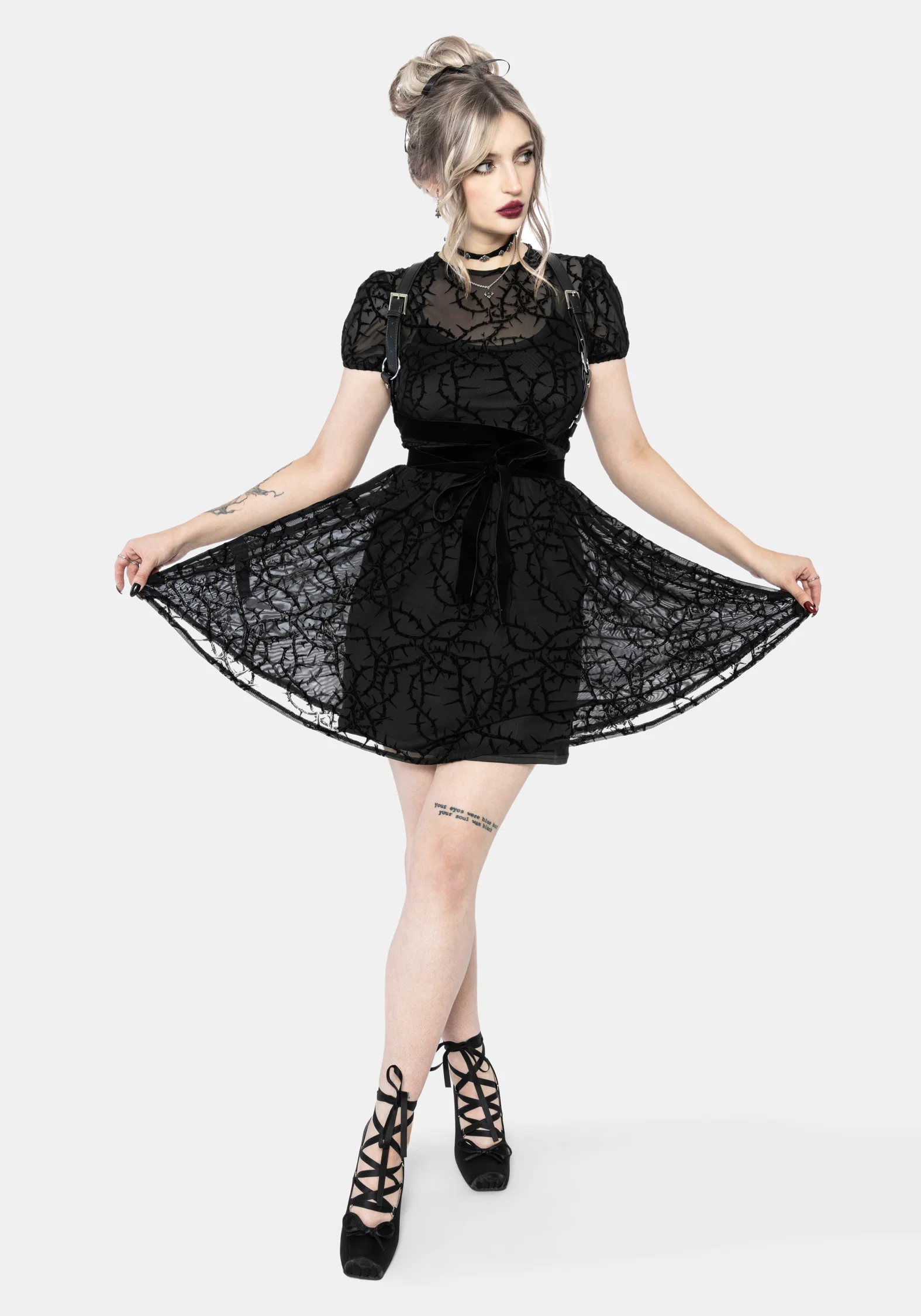 Prickle Thorn Print Mesh Puff Sleeve Mini Dress - Black - Image 4