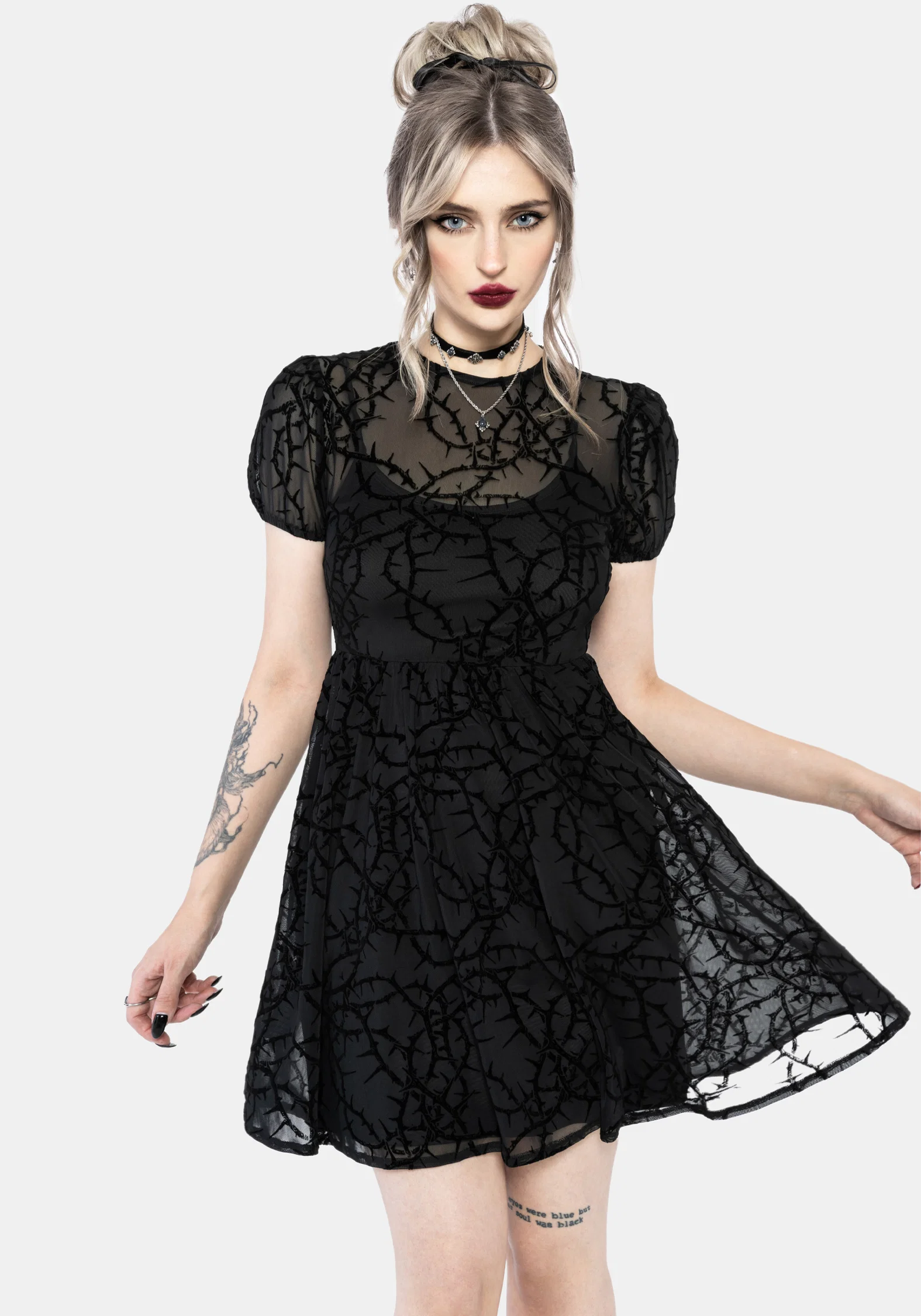 Prickle Thorn Print Mesh Puff Sleeve Mini Dress - Black - Image 5