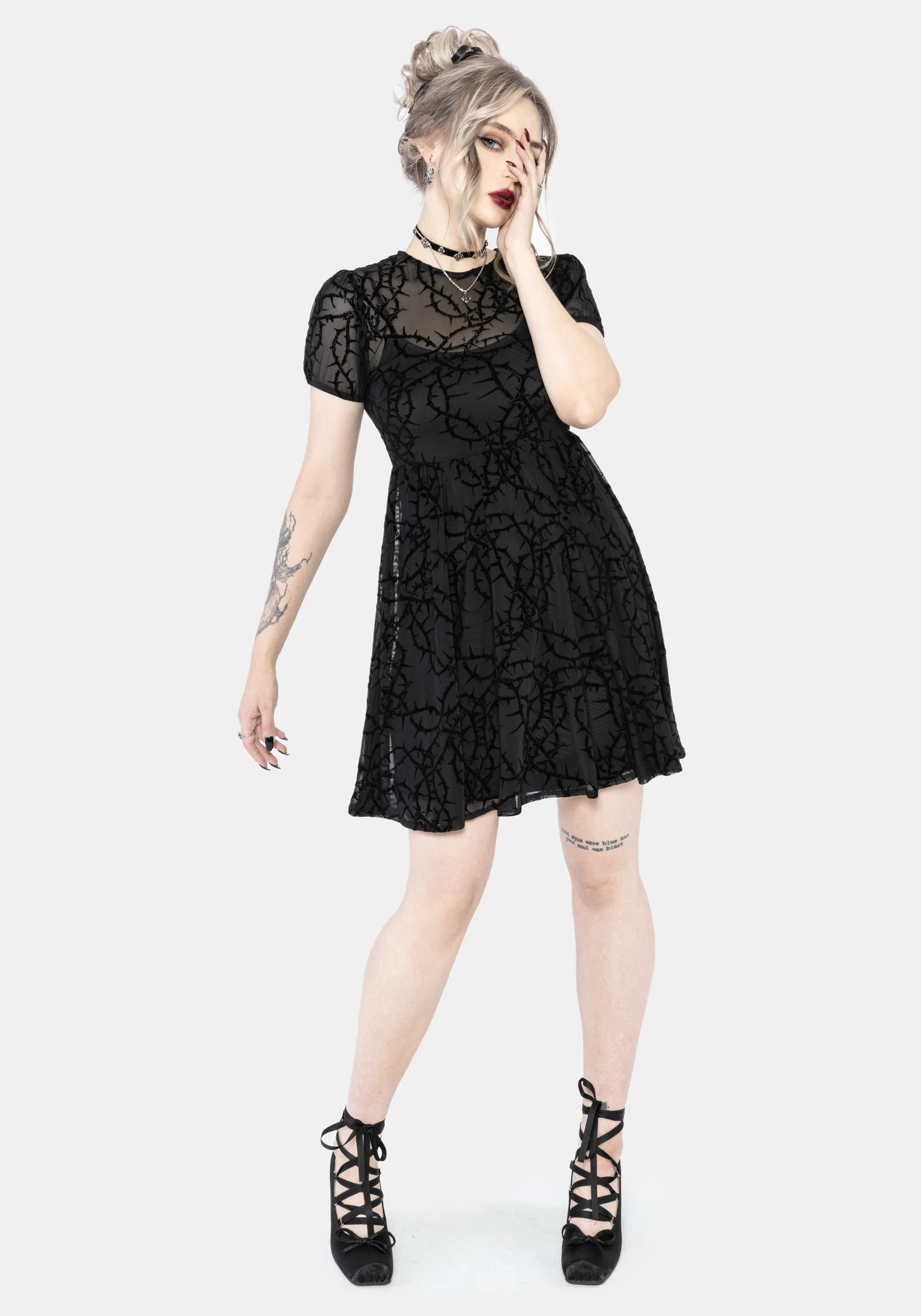 Prickle Thorn Print Mesh Puff Sleeve Mini Dress - Black - Image 6