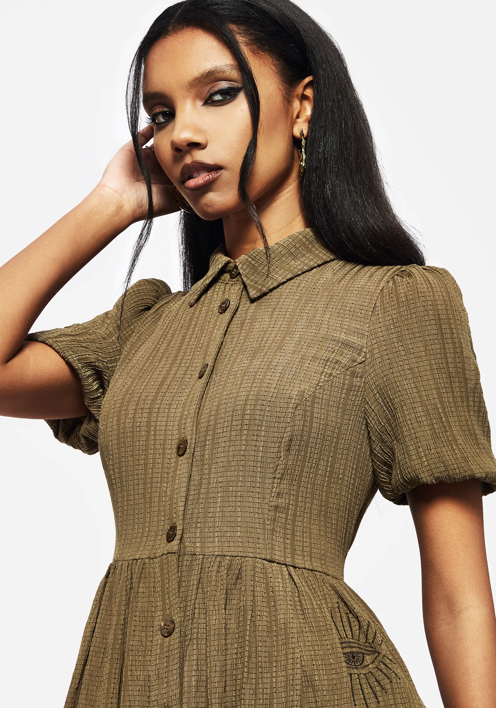 Ramaria Embroidered Puff Sleeve Button Up Midaxi Shirt Dress - Image 3