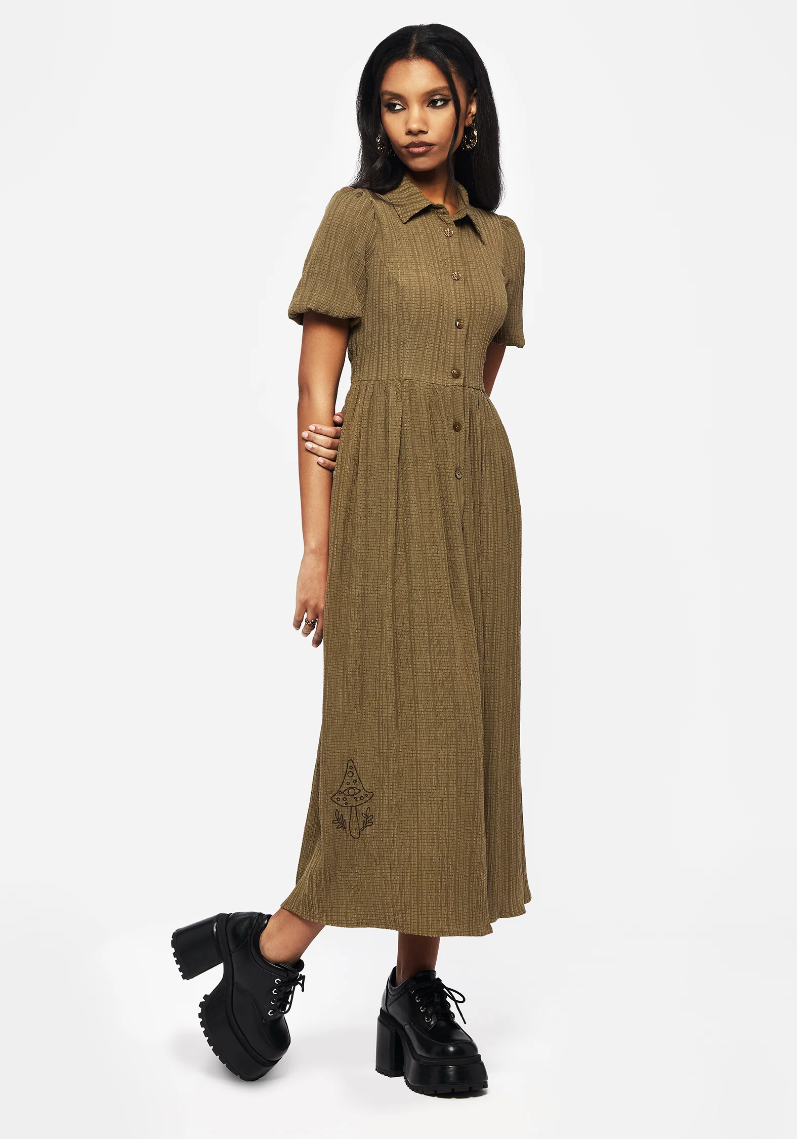 Ramaria Embroidered Puff Sleeve Button Up Midaxi Shirt Dress - Image 5