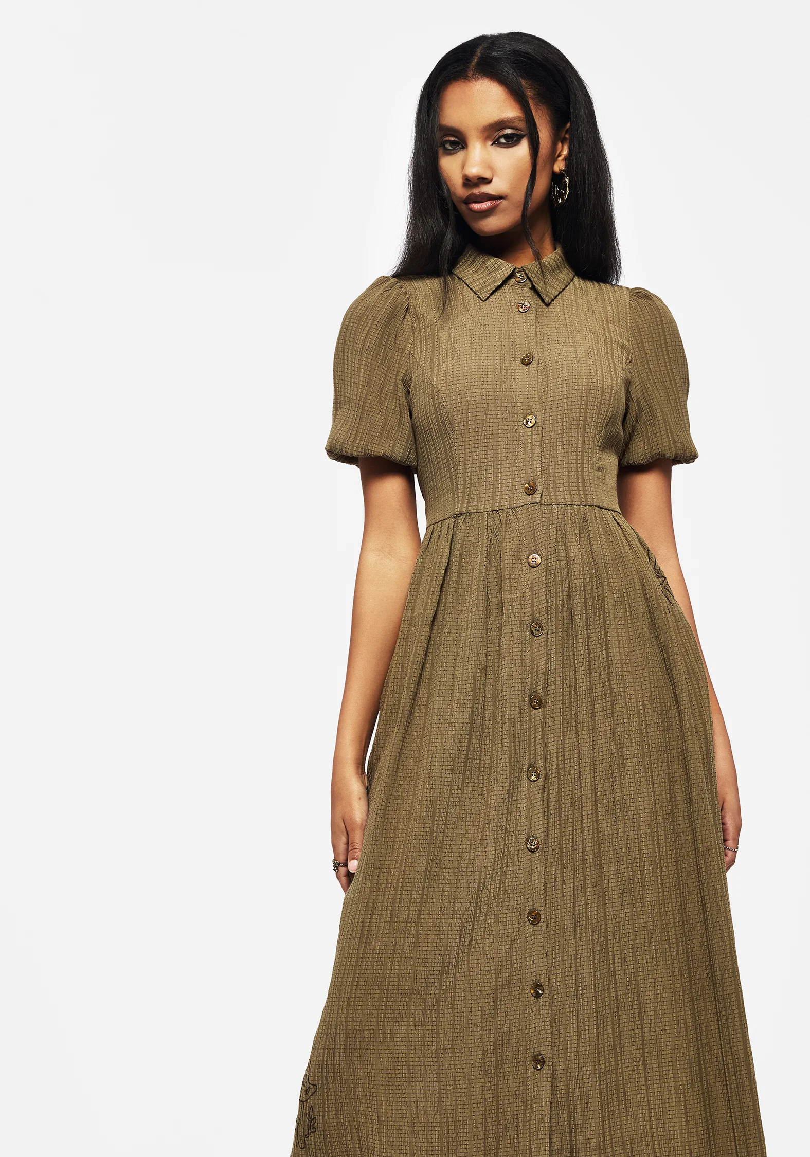 Ramaria Embroidered Puff Sleeve Button Up Midaxi Shirt Dress - Image 6