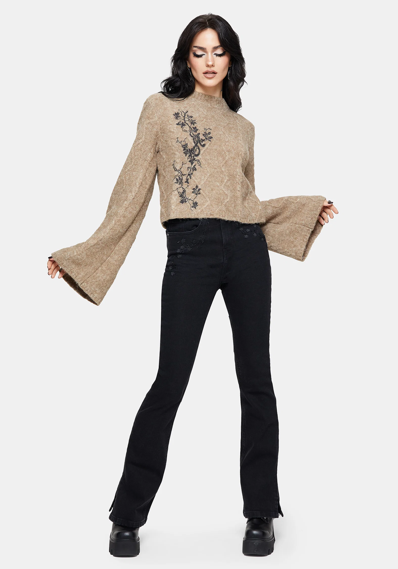 Ravelle Cotton Floral Printed Flare Cable Knit Jumper - Image 6