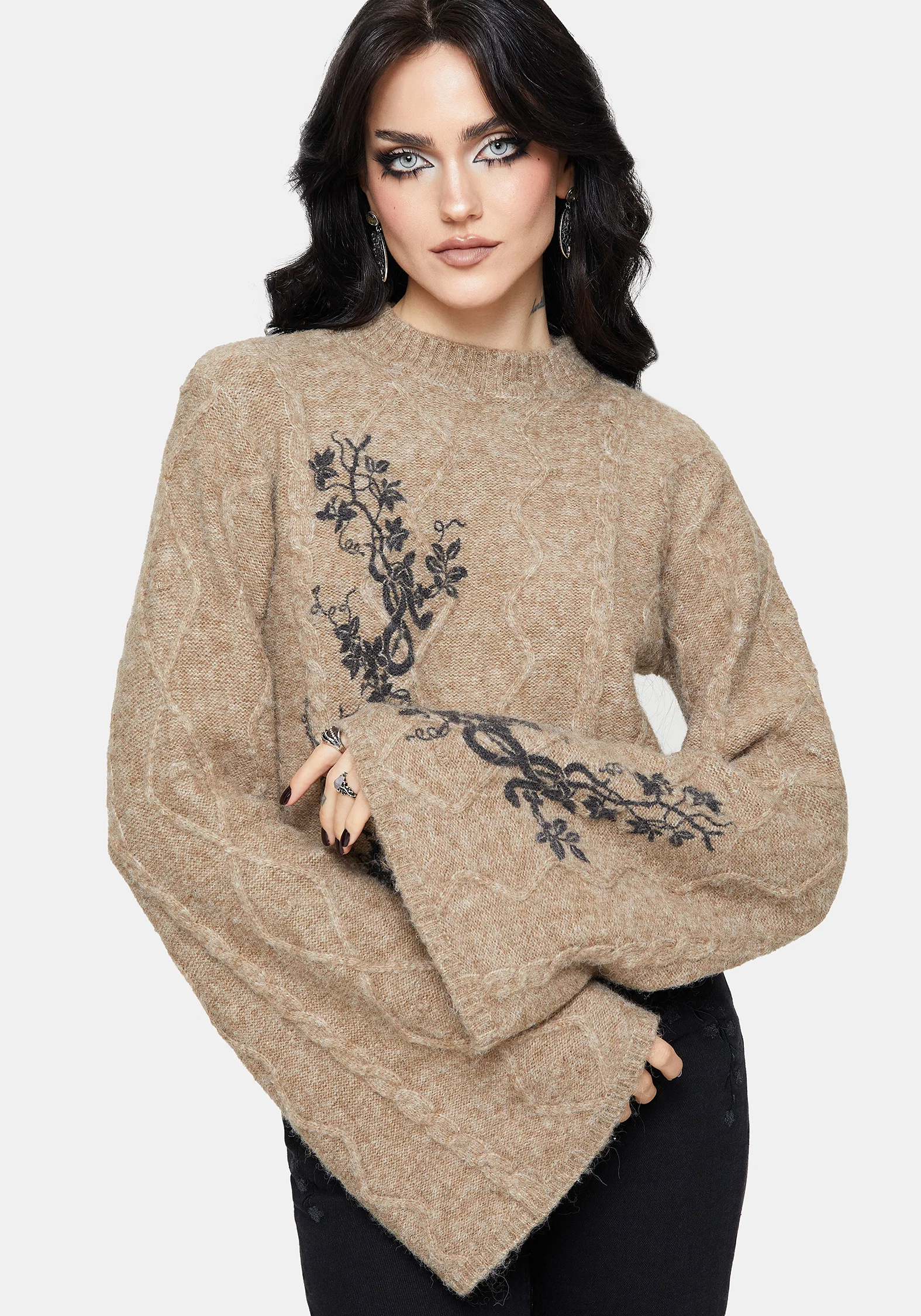Ravelle Cotton Floral Printed Flare Cable Knit Jumper - Image 7