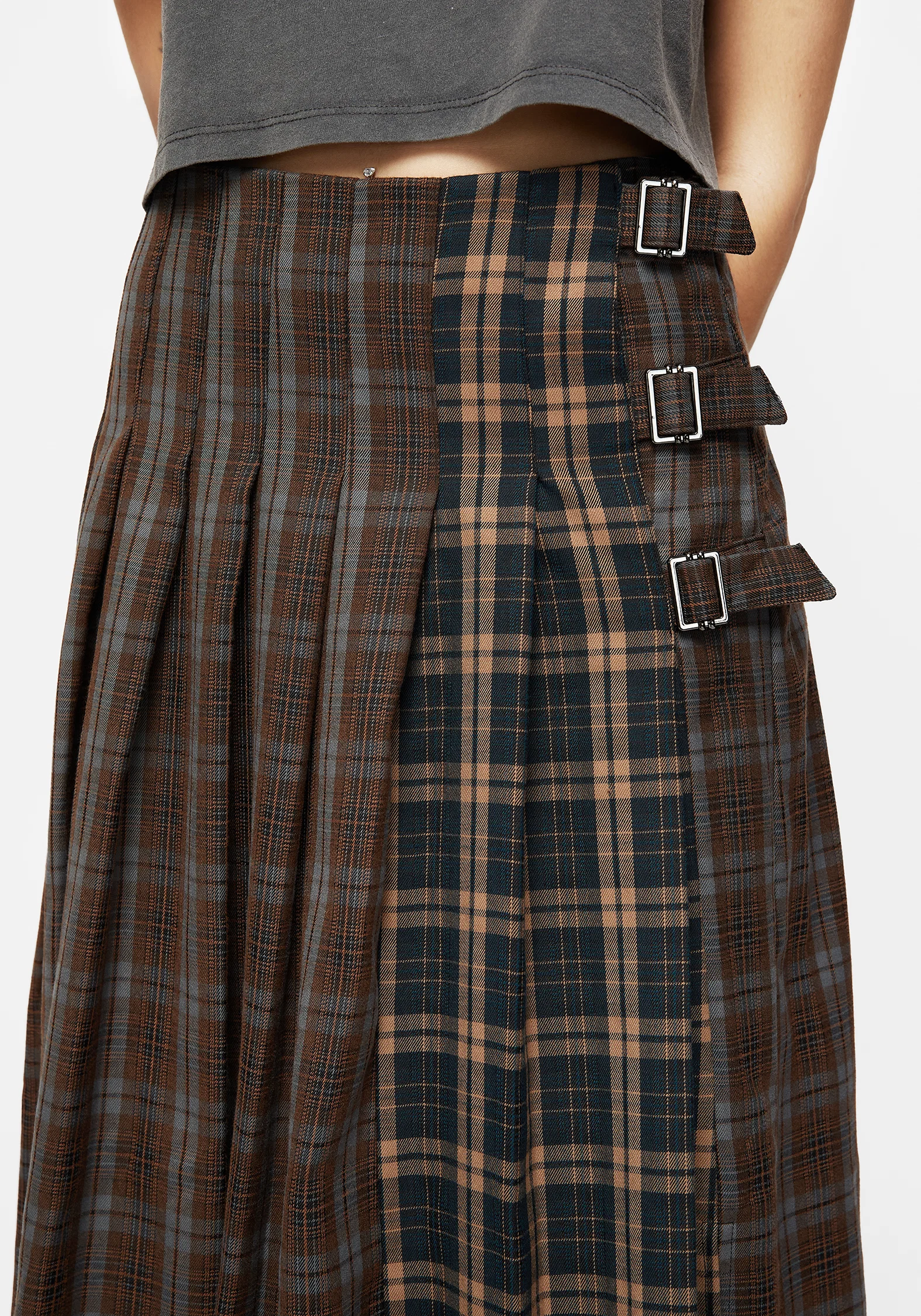 Raven Pleated Check Buckle Detail Maxi Skirt - Image 2