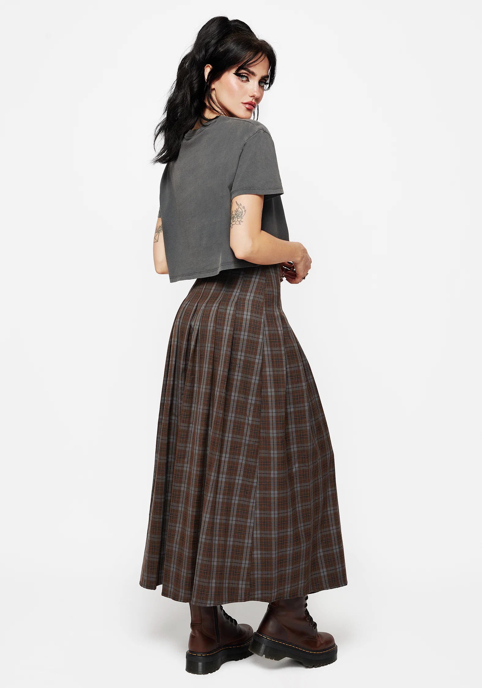 Raven Pleated Check Buckle Detail Maxi Skirt - Image 3