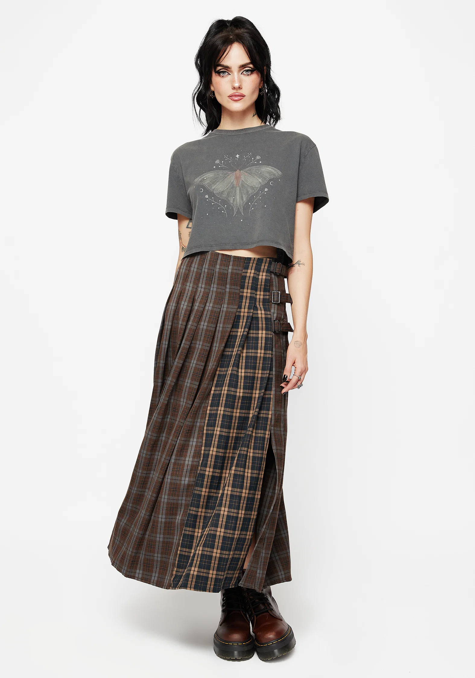 Raven Pleated Check Buckle Detail Maxi Skirt - Image 5