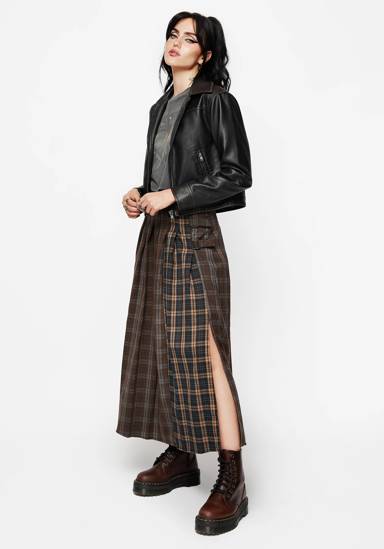 Raven Pleated Check Buckle Detail Maxi Skirt - Image 7