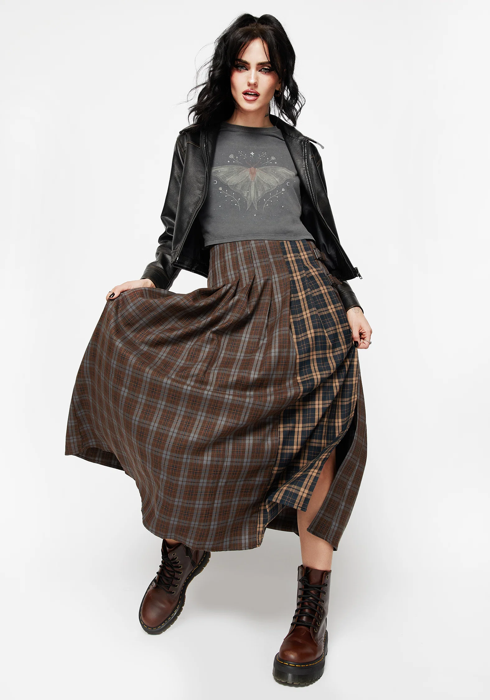 Raven Pleated Check Buckle Detail Maxi Skirt - Image 8