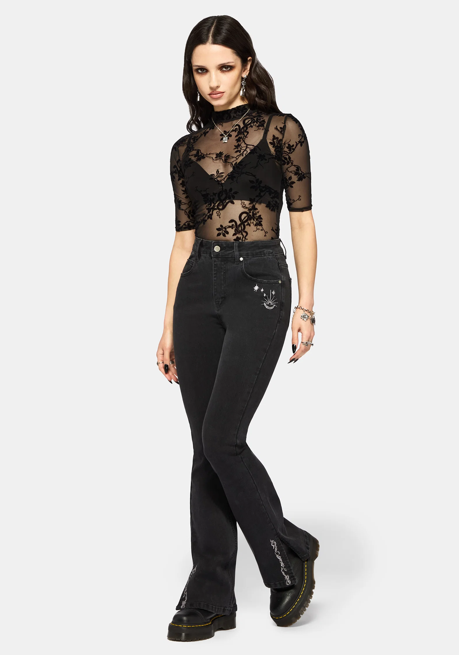 Reina Celestial Embroidered Denim Kick Flare Jean - Image 5