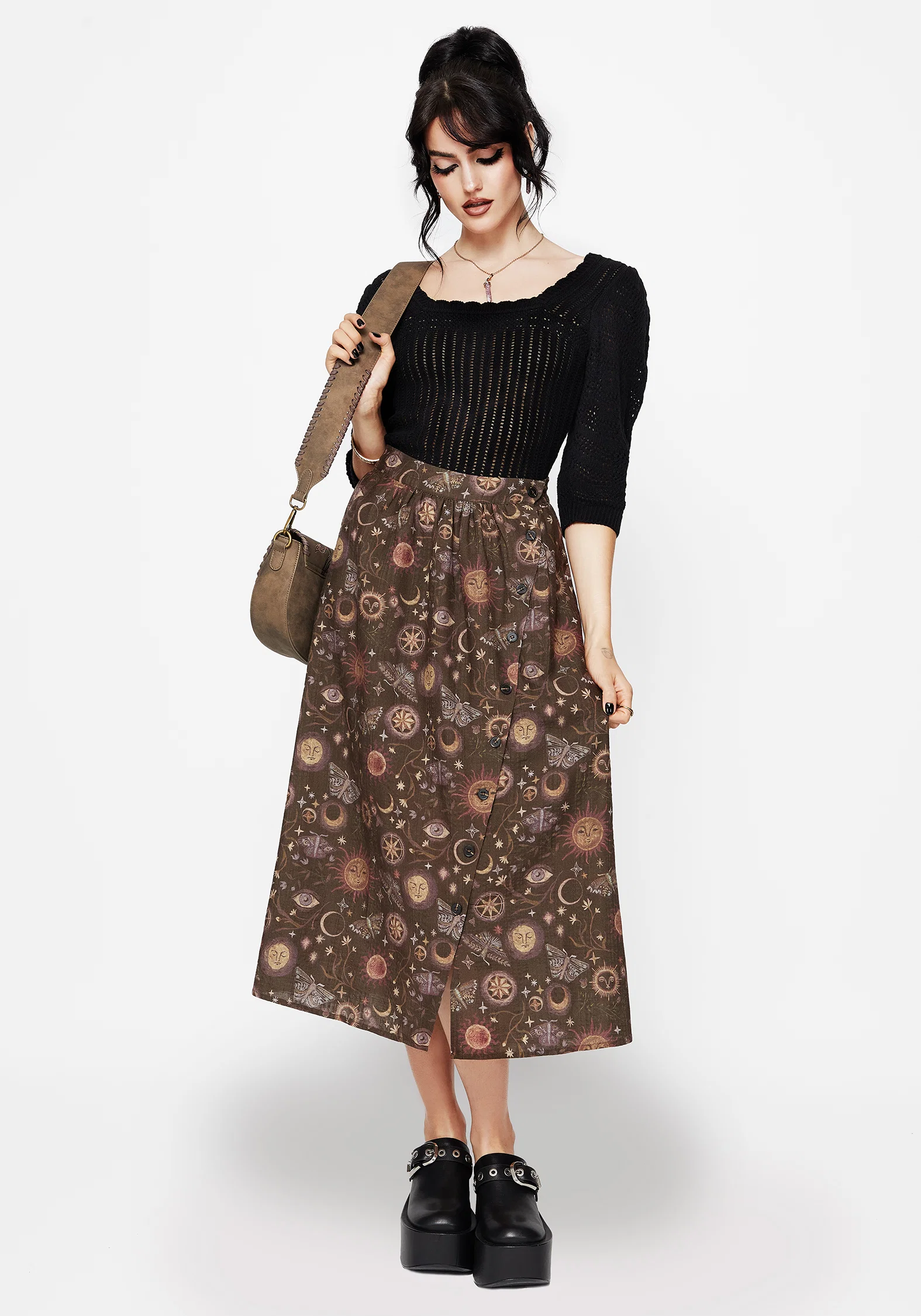 Rhea Cotton Blend Moth and Moon Print Midaxi Skirt - Image 5