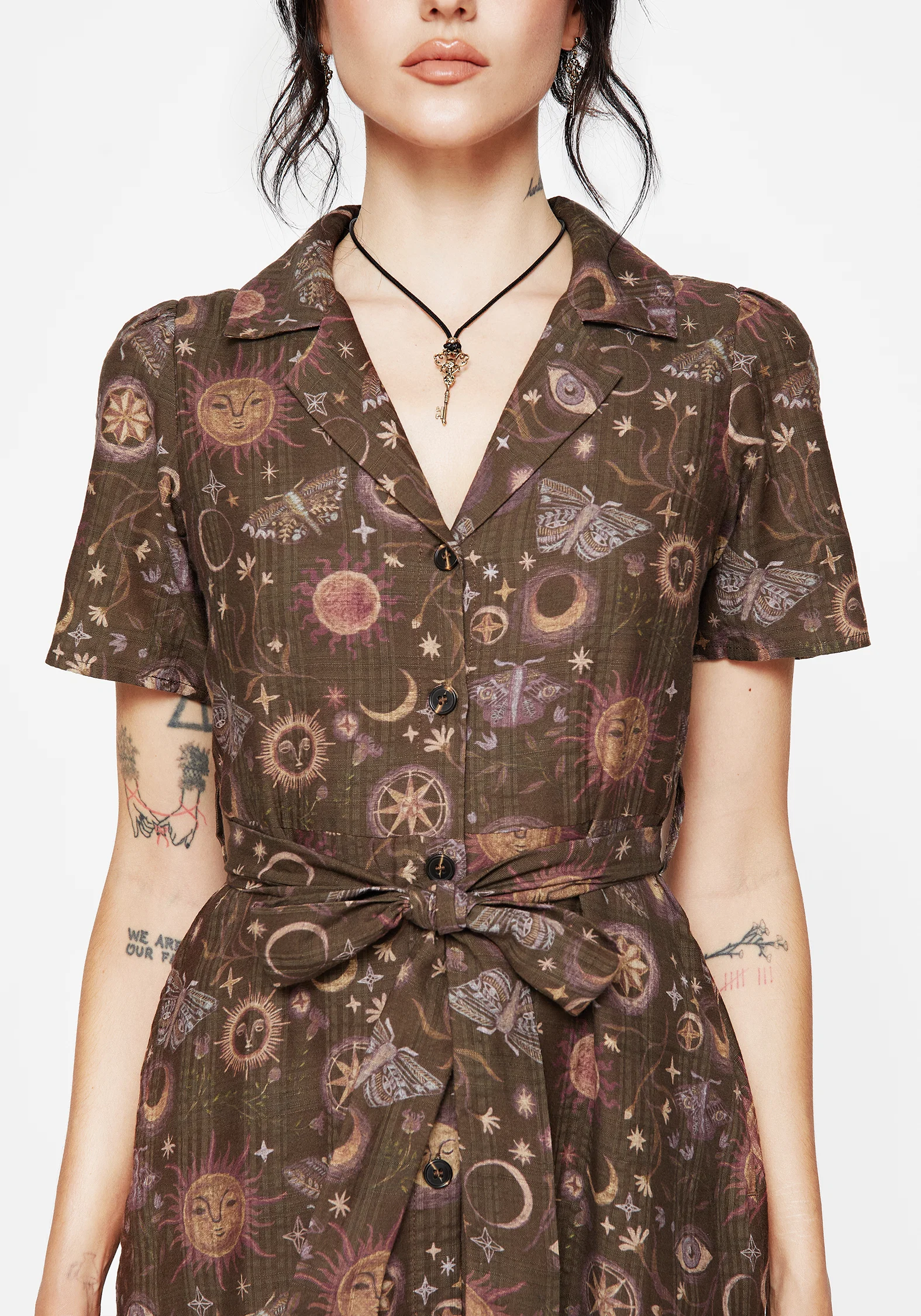 Rhea Cotton Blend Moth and Moon Print Midi Shirt Dress - Image 2