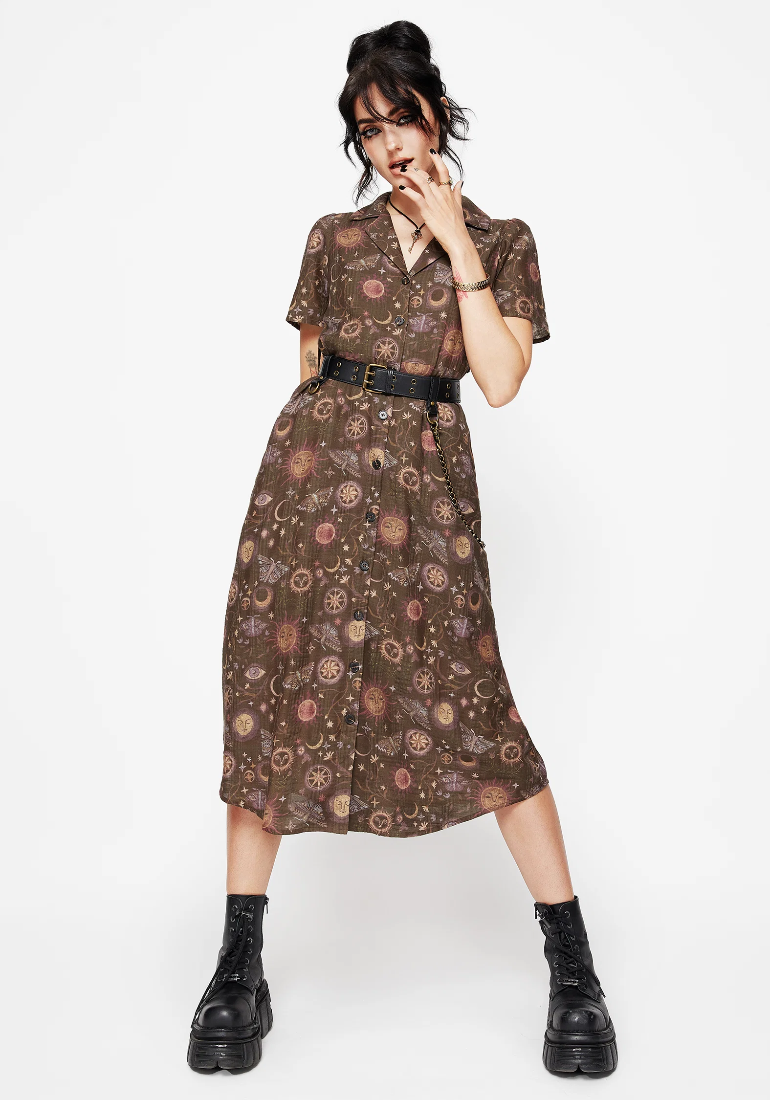 Rhea Cotton Blend Moth and Moon Print Midi Shirt Dress - Image 4