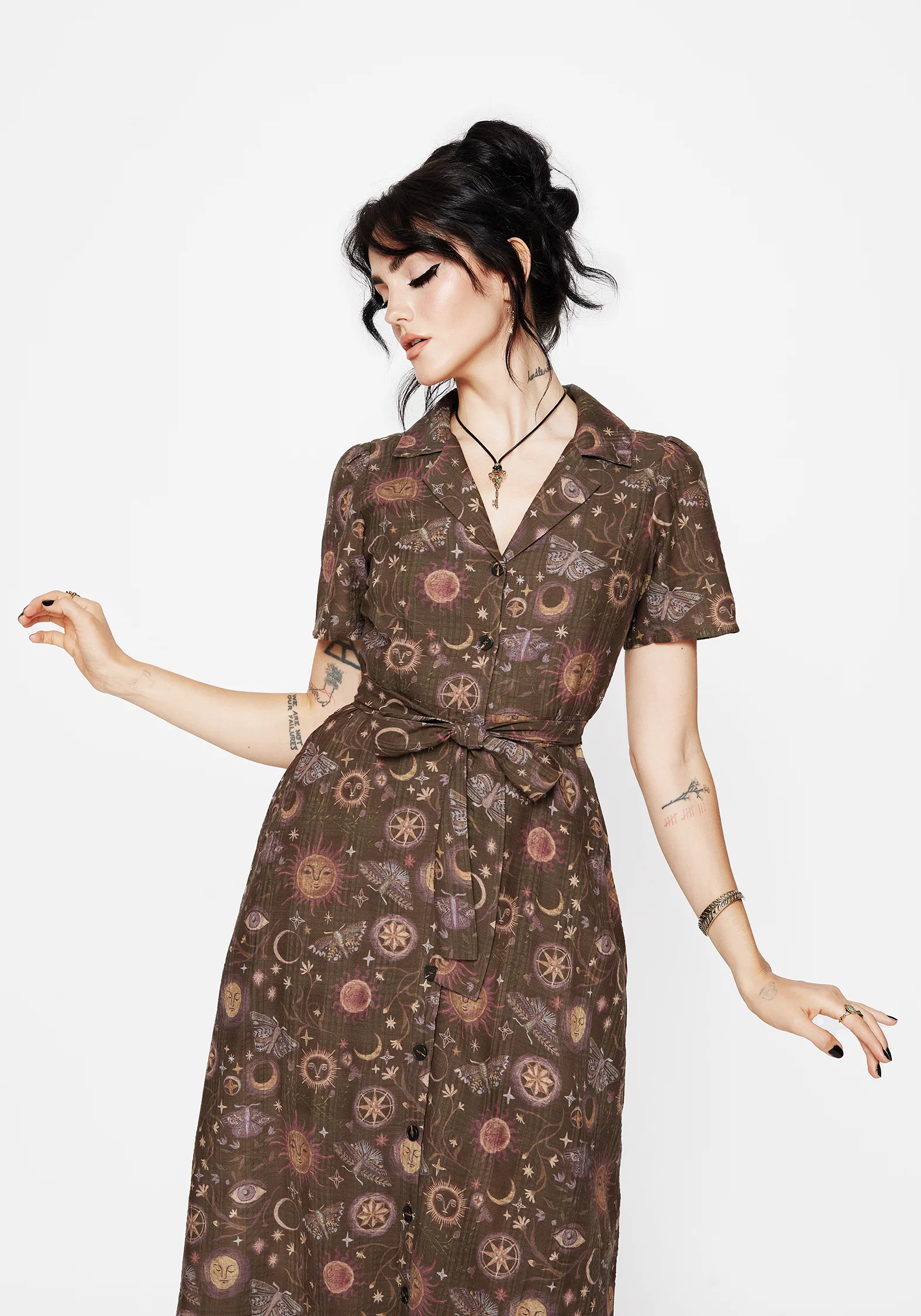 Rhea Cotton Blend Moth and Moon Print Midi Shirt Dress - Image 5