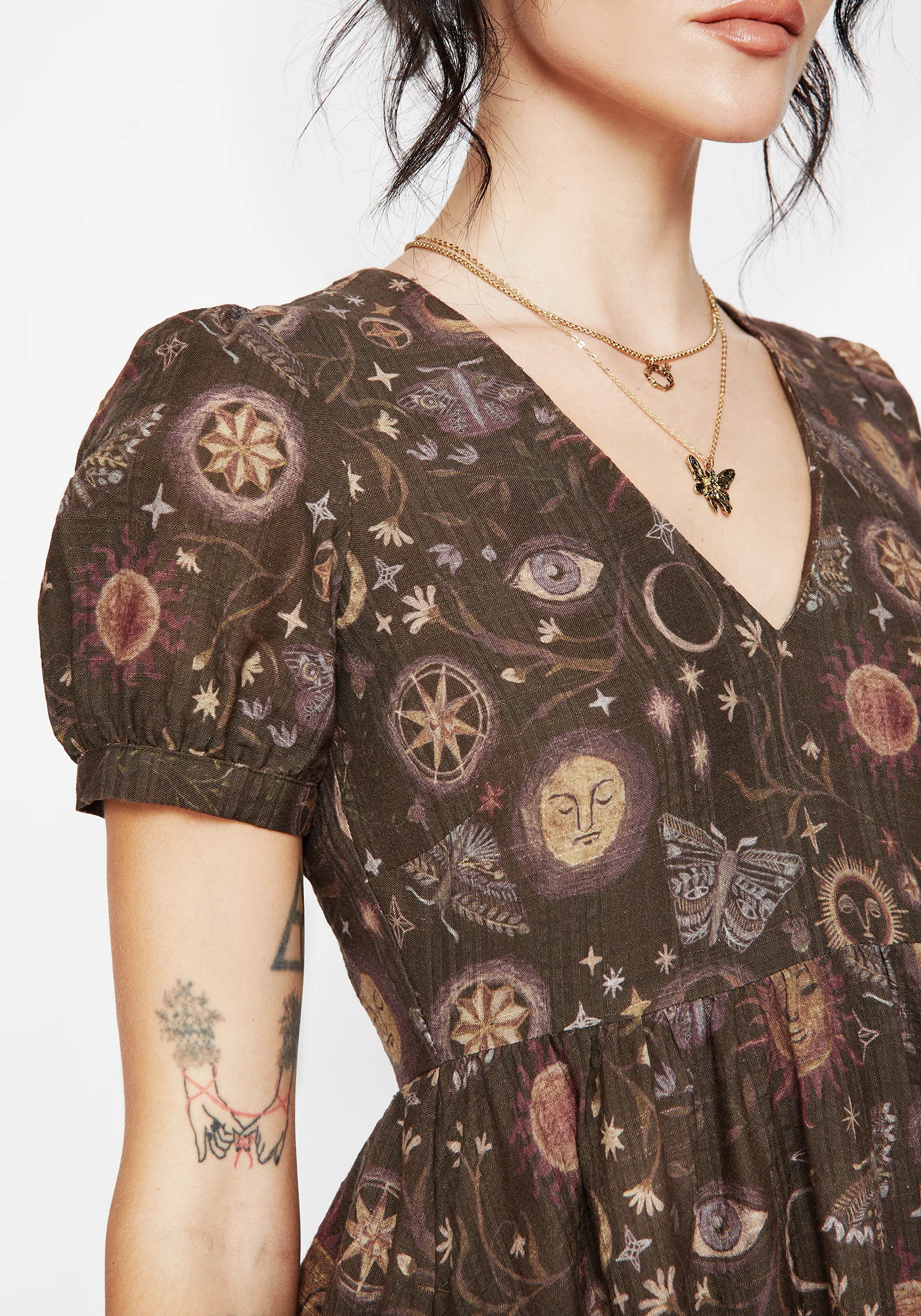 Rhea Cotton Blend Moth and Moon Print Mini Smock Dress - Image 2