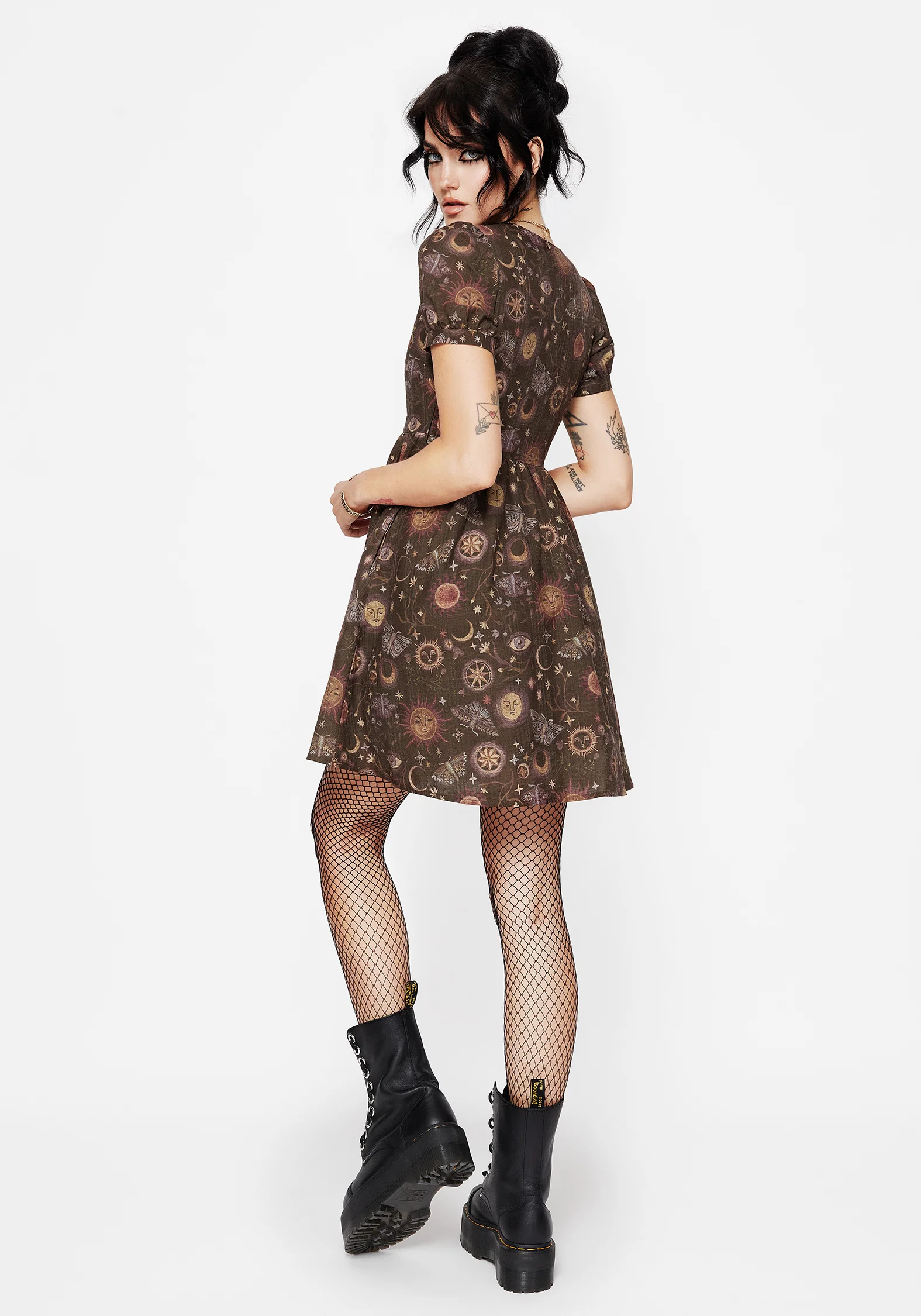 Rhea Cotton Blend Moth and Moon Print Mini Smock Dress - Image 3