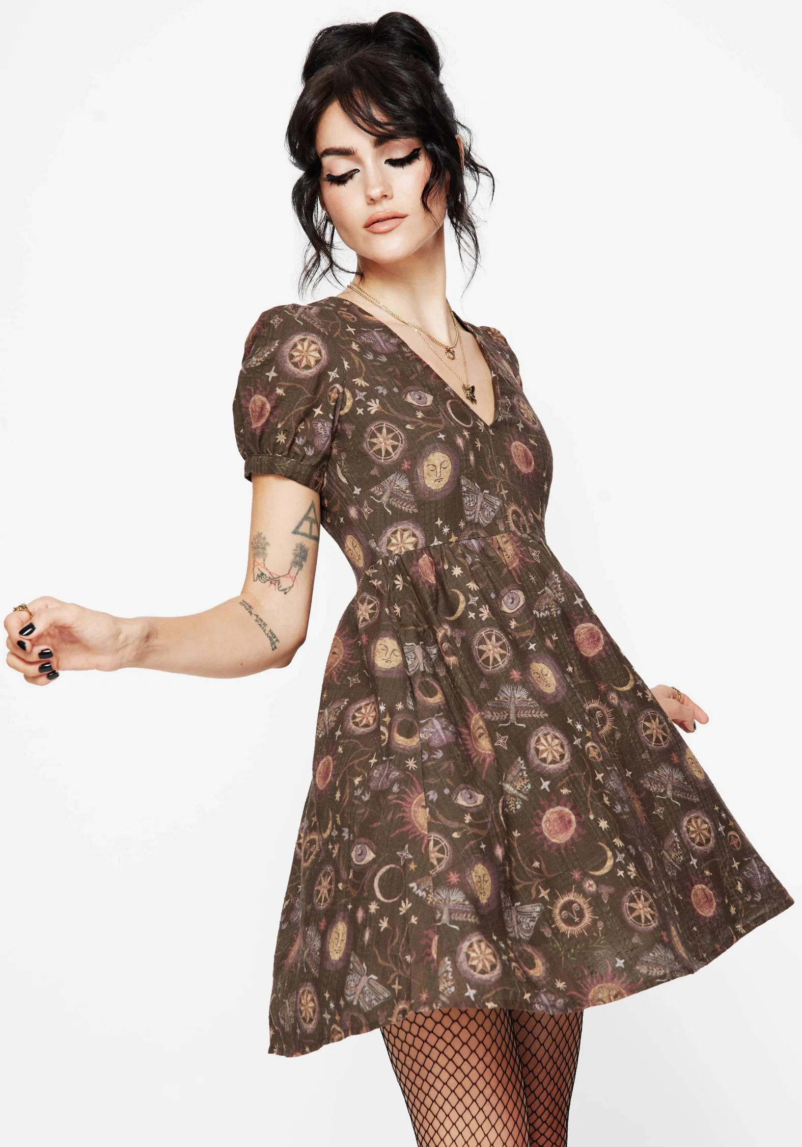 Rhea Cotton Blend Moth and Moon Print Mini Smock Dress - Image 4