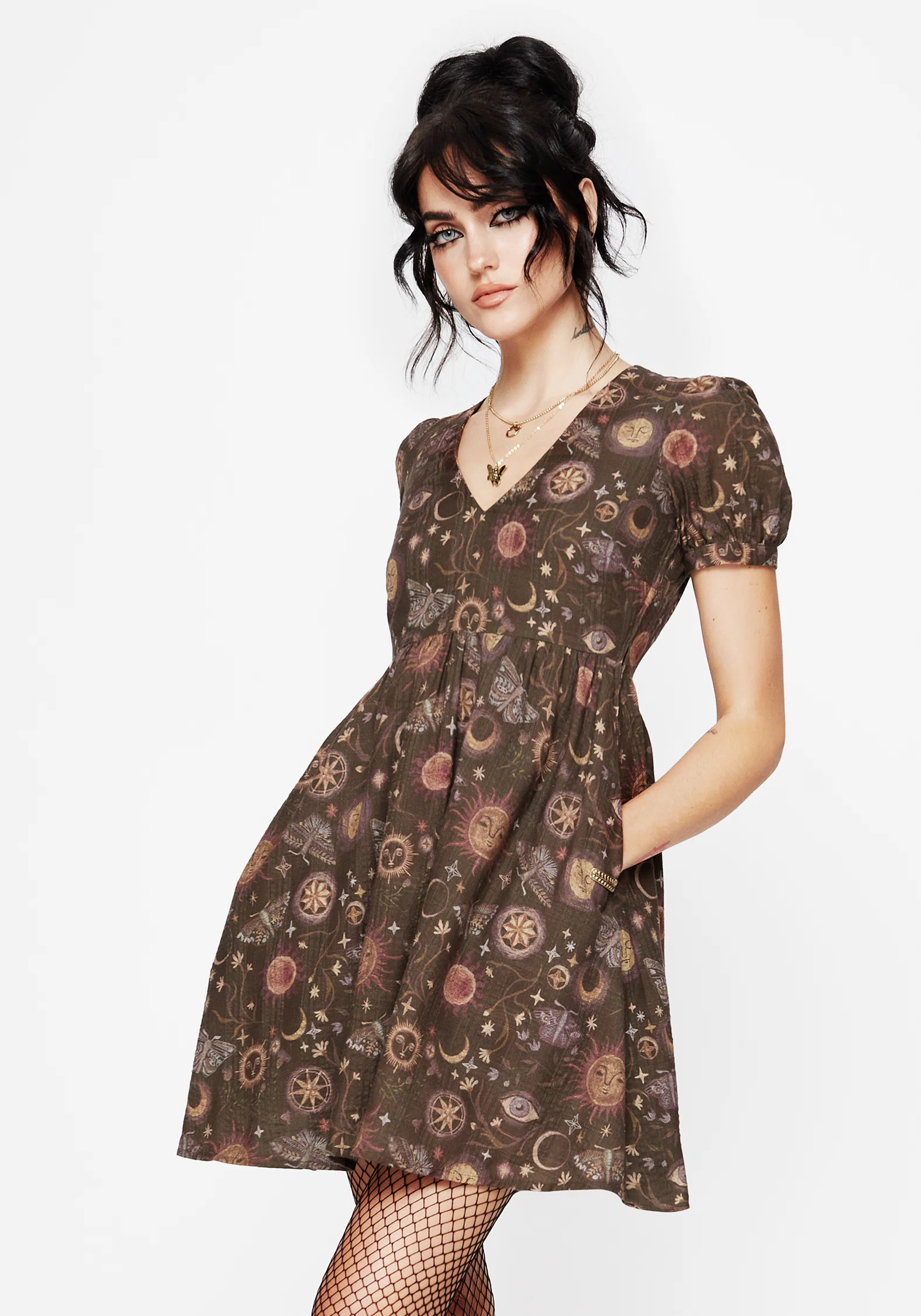 Rhea Cotton Blend Moth and Moon Print Mini Smock Dress - Image 5