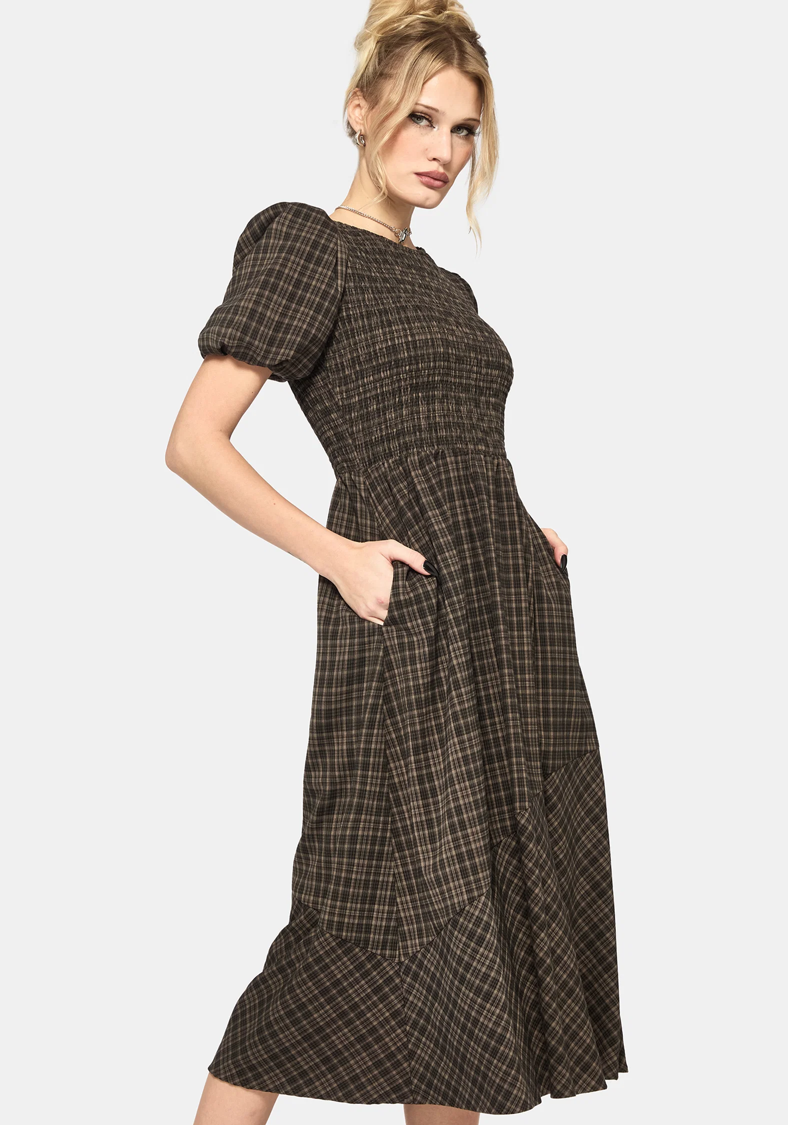 Rhiannon Check Shirred Bodice Midi Dress - Image 4