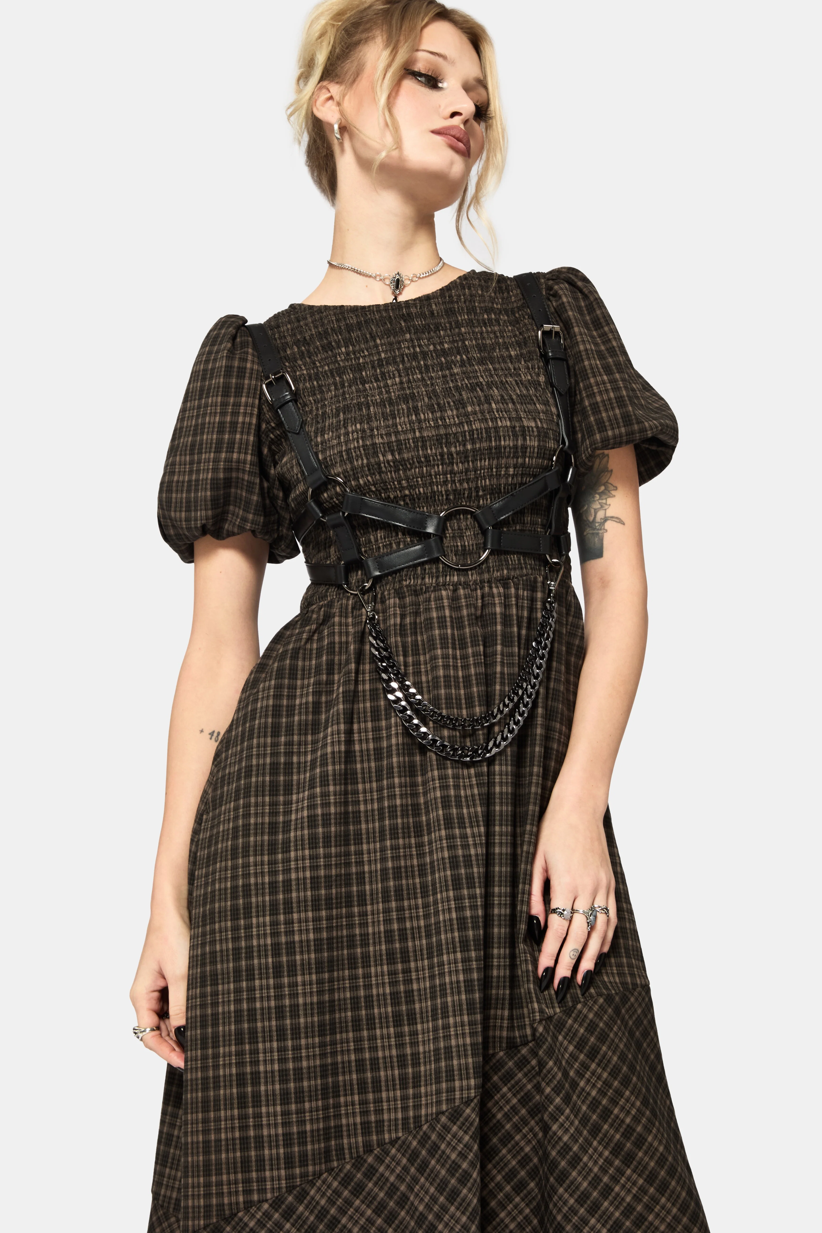 Rhiannon Check Shirred Bodice Midi Dress - Image 6