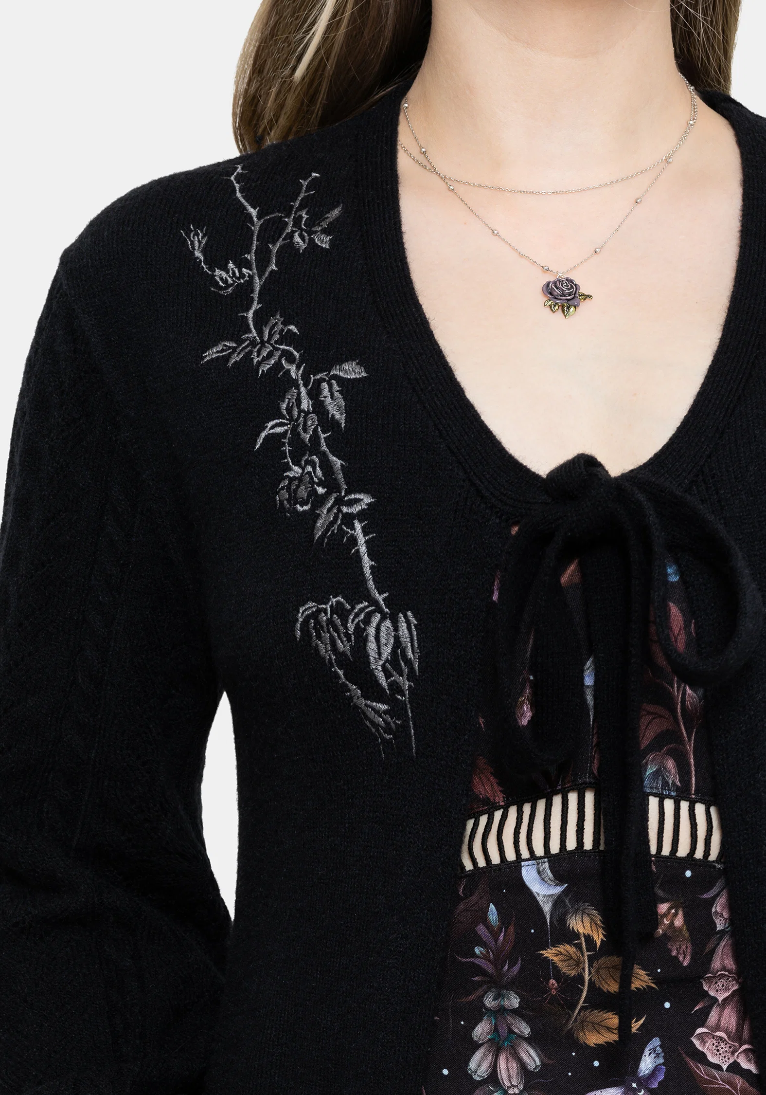 Rime Embroidered Cable Knit Sleeve Longline Cardigan - Image 2