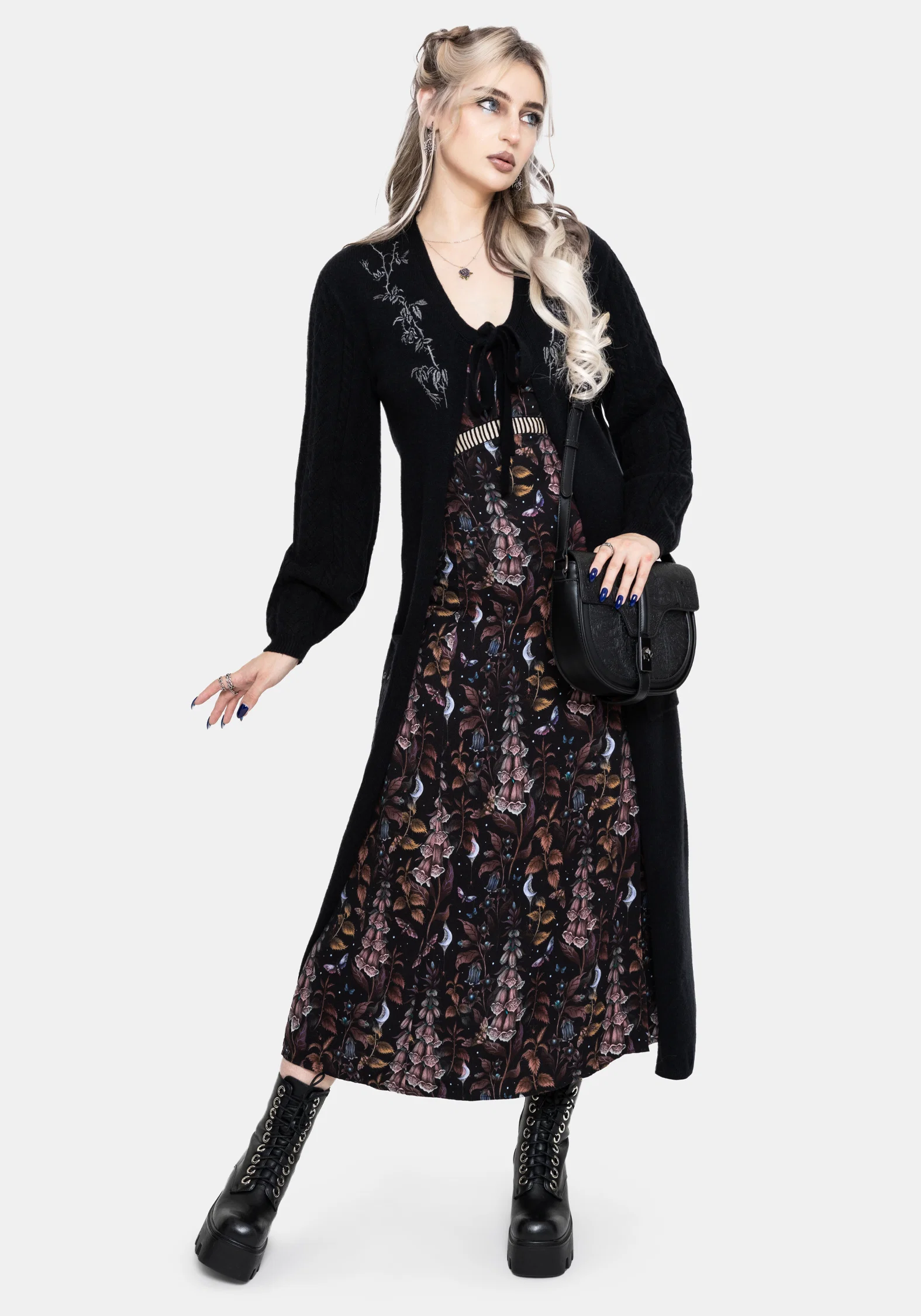 Rime Embroidered Cable Knit Sleeve Longline Cardigan - Image 4