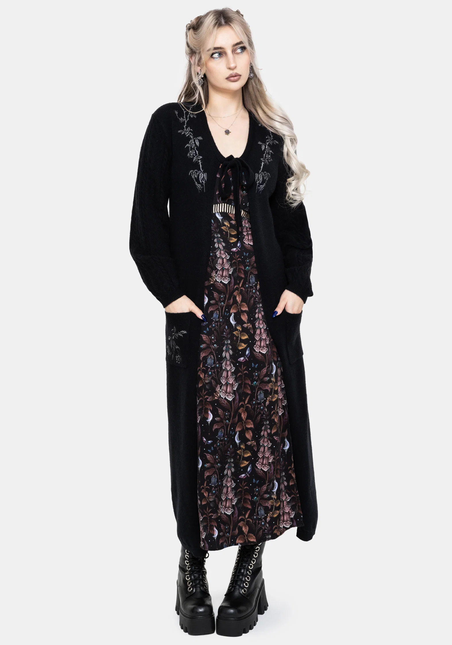 Rime Embroidered Cable Knit Sleeve Longline Cardigan - Image 6