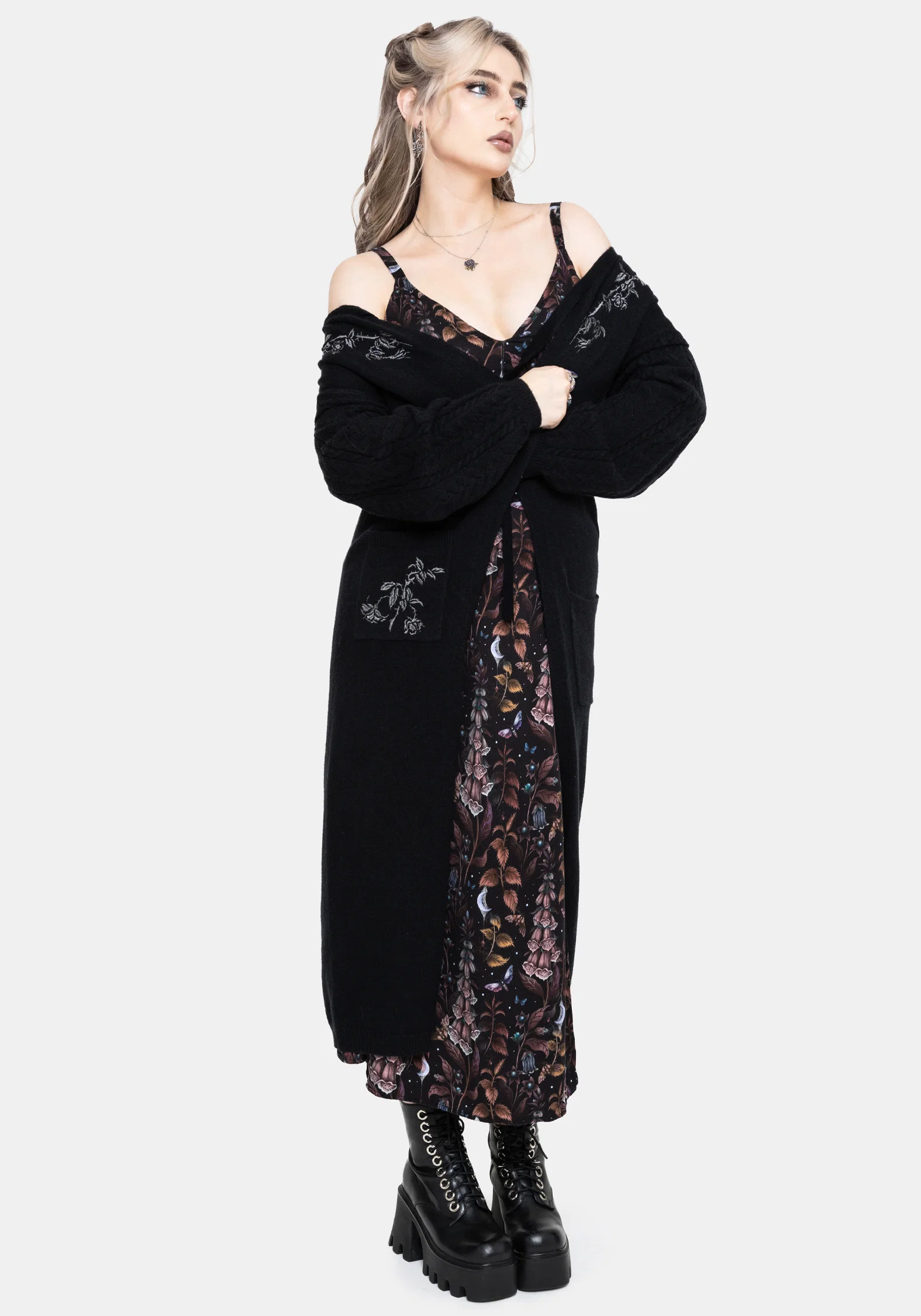Rime Embroidered Cable Knit Sleeve Longline Cardigan - Image 7