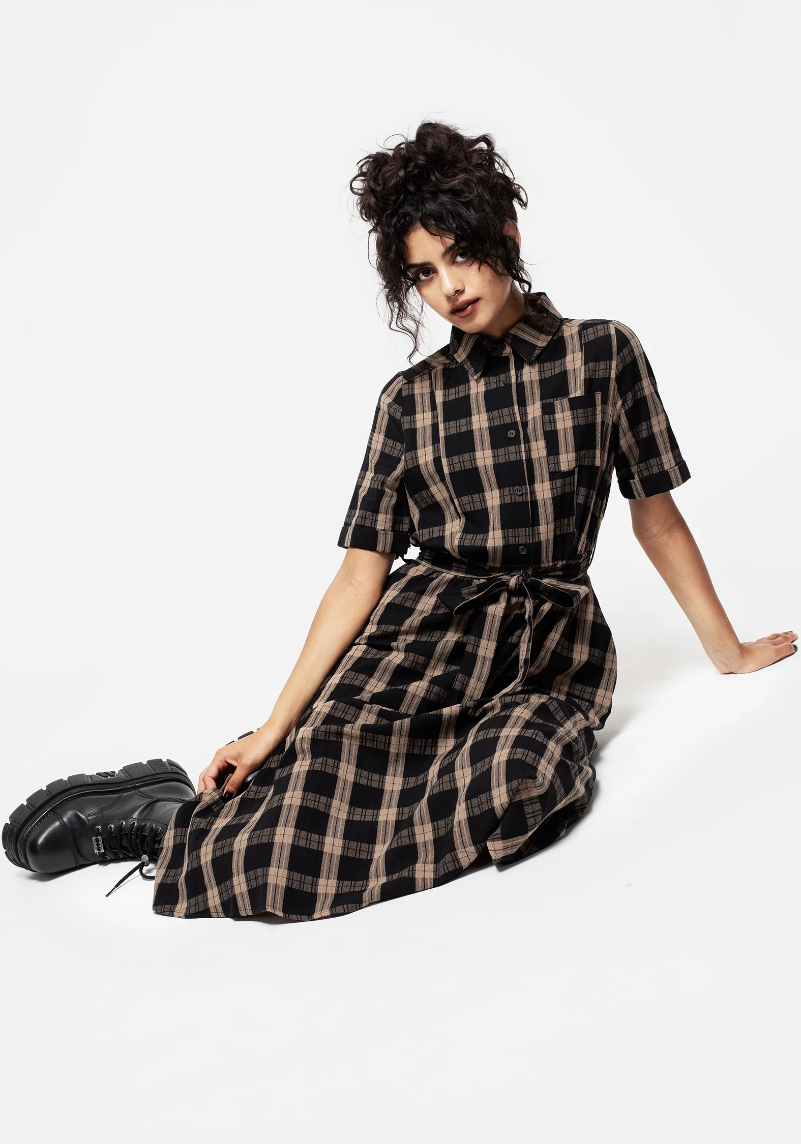Rogue Check Cotton Midi Shirt Dress - Image 4