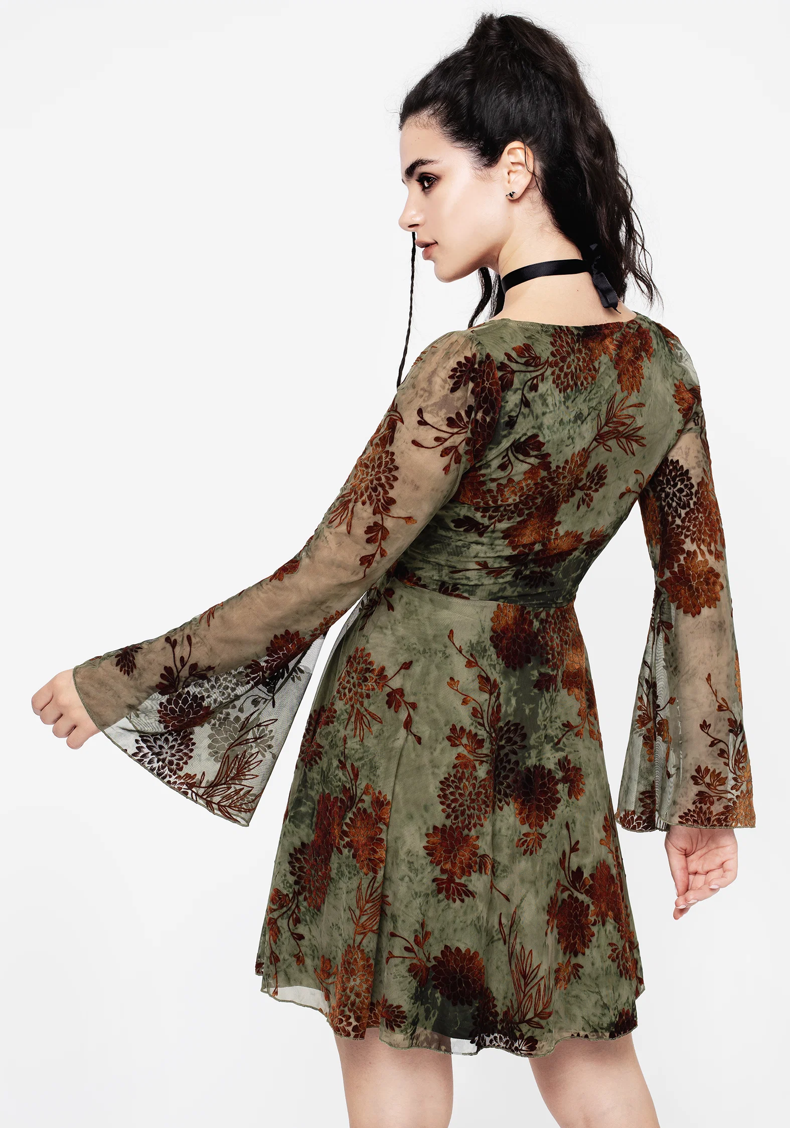 Rosaleigh Flock Velour Mesh Flare Sleeve Mini Dress - Image 3