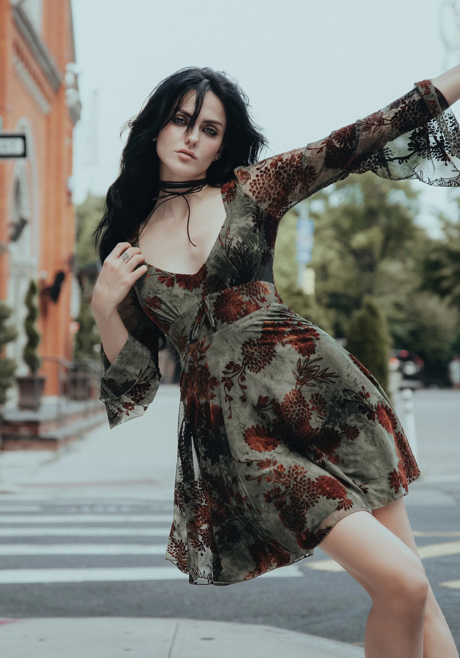 Rosaleigh Flock Velour Mesh Flare Sleeve Mini Dress - Image 8