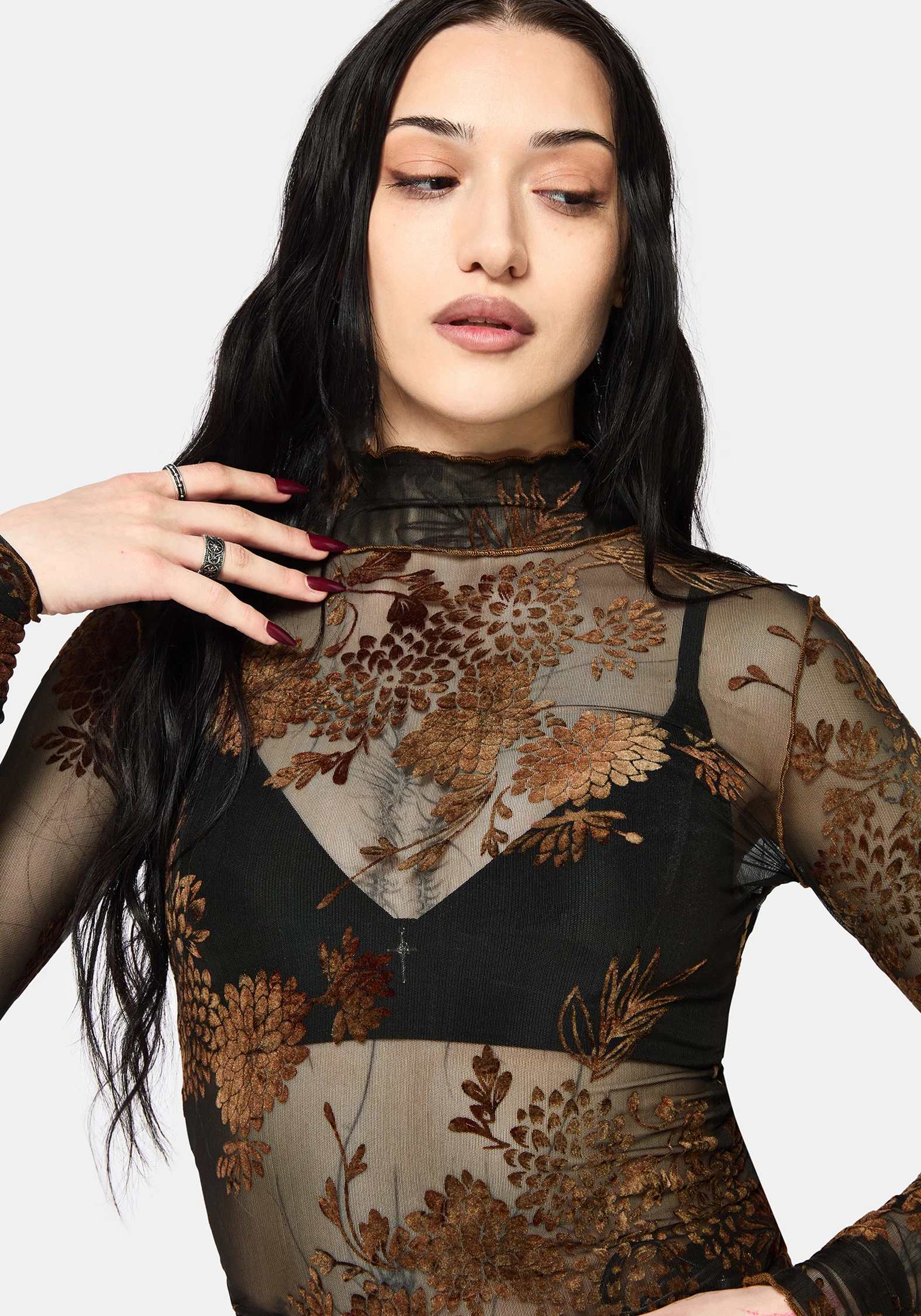 Rosaleigh Flock Velour Mesh Long Sleeve Top - Black - Image 2