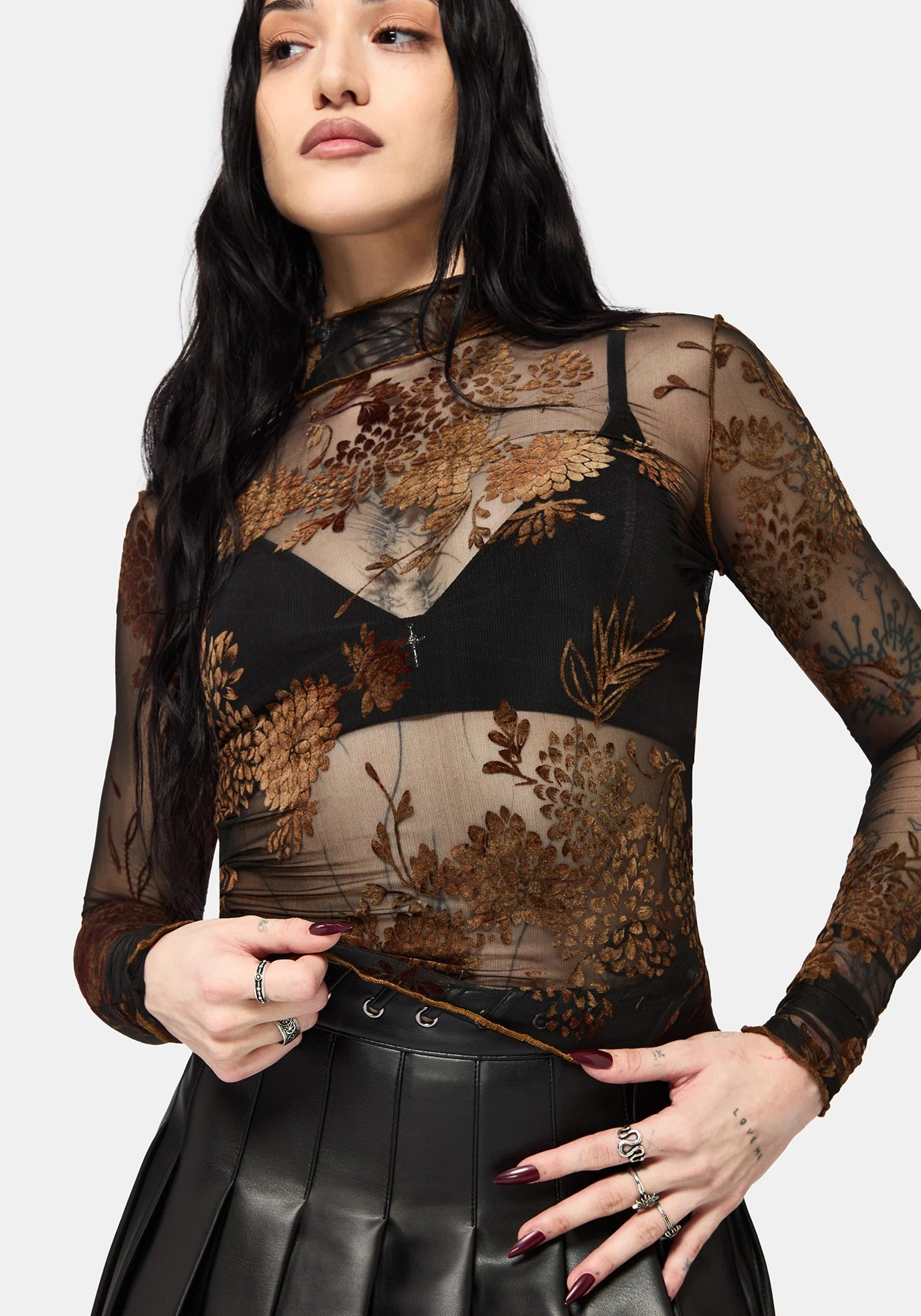 Rosaleigh Flock Velour Mesh Long Sleeve Top - Black - Image 4
