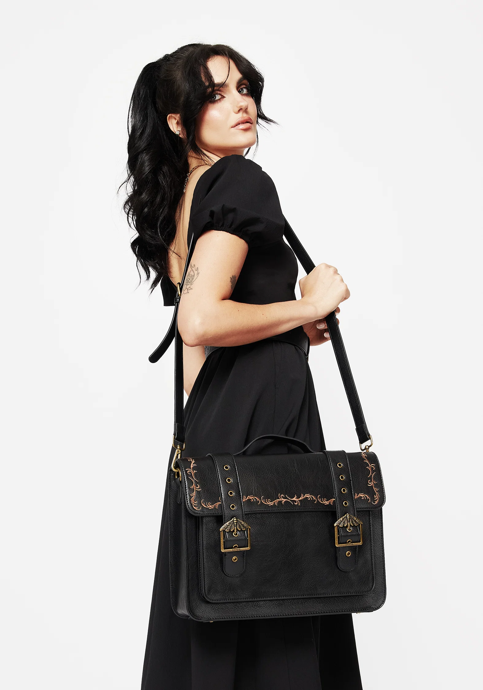 Rosamoth Buckle Vine Embroidered Satchel Bag - Black - Image 6