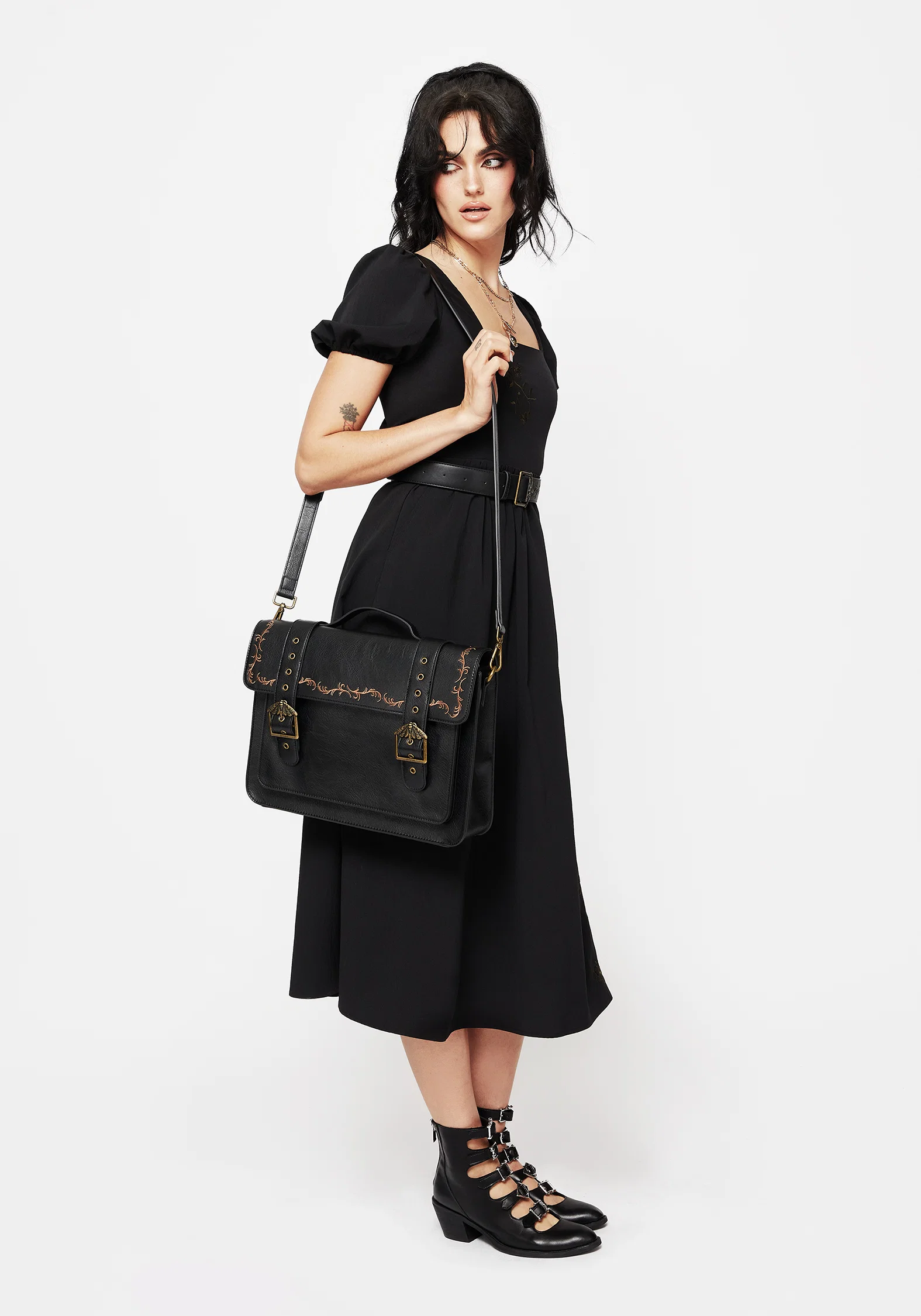 Rosamoth Buckle Vine Embroidered Satchel Bag - Black - Image 8