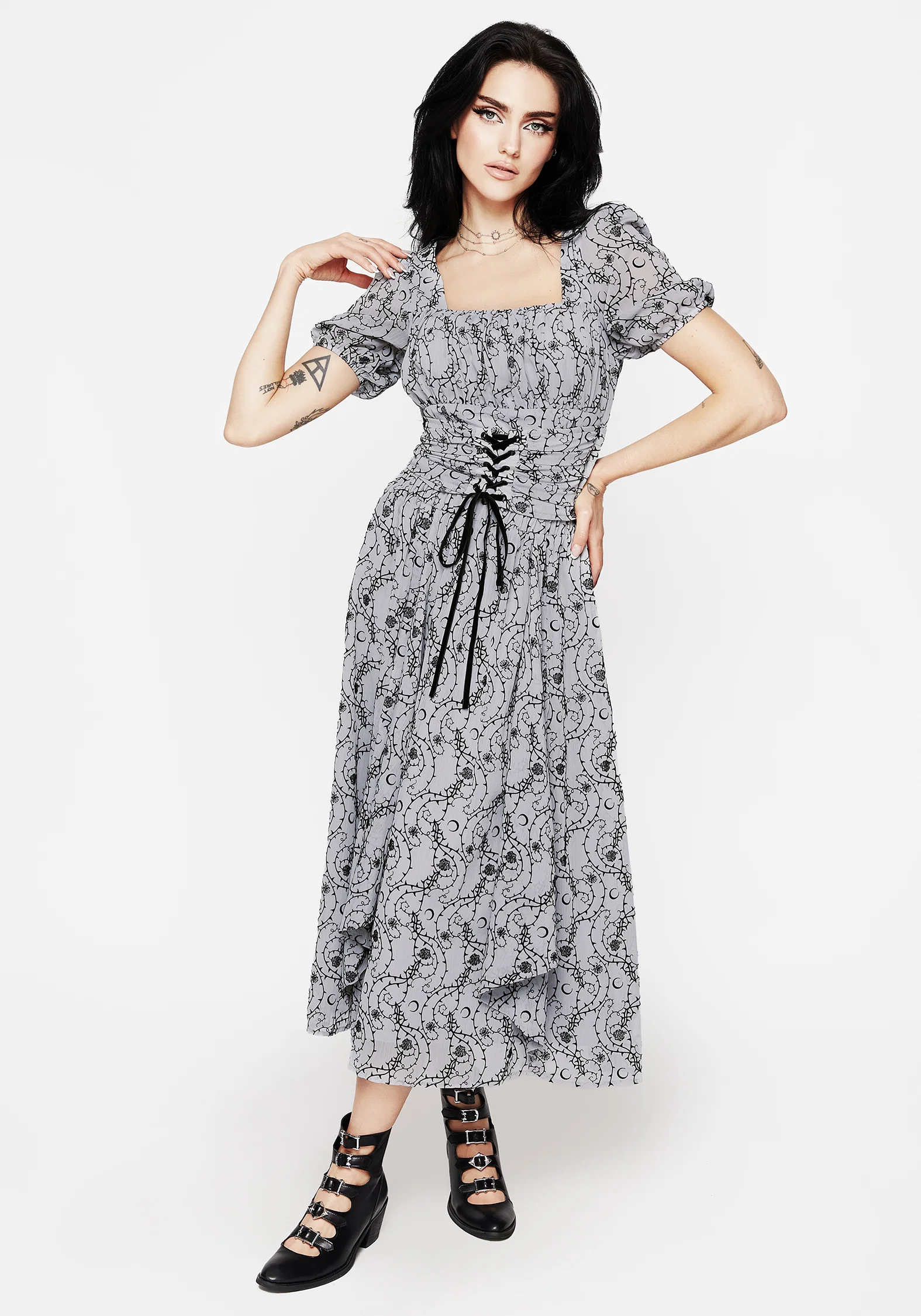 Rosethorn Flocked Velour Chiffon Ruffle Midi Skirt - Blue - Image 4
