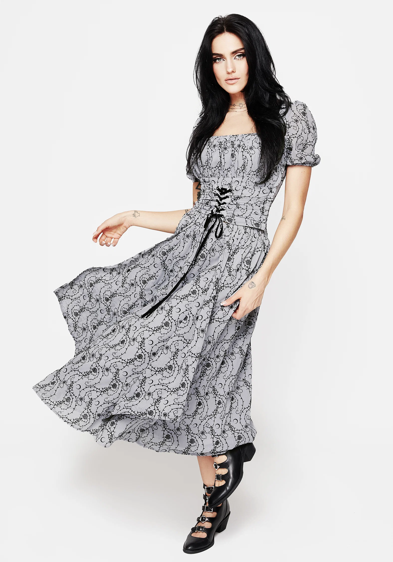 Rosethorn Flocked Velour Chiffon Ruffle Midi Skirt - Blue - Image 5