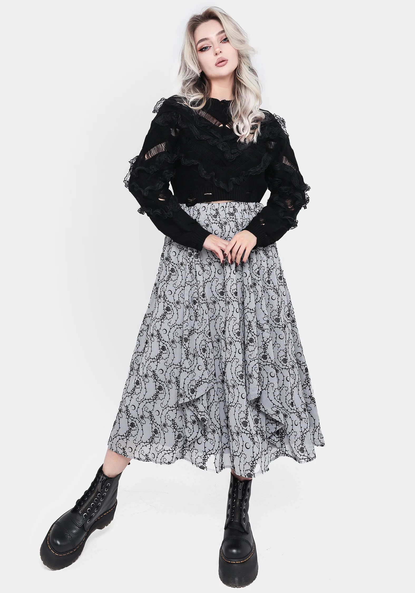 Rosethorn Flocked Velour Chiffon Ruffle Midi Skirt - Blue - Image 7