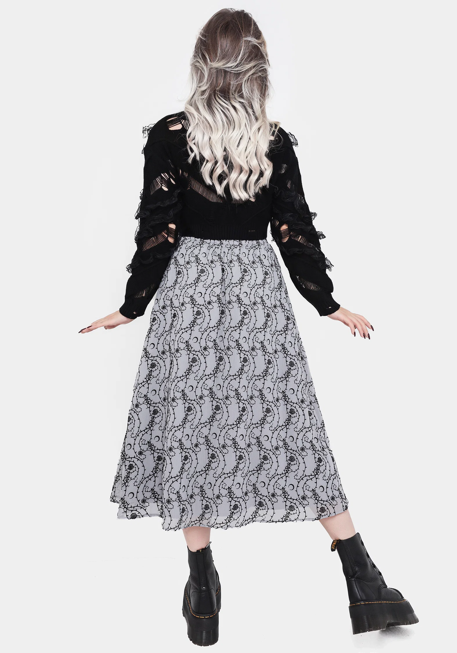 Rosethorn Flocked Velour Chiffon Ruffle Midi Skirt - Blue - Image 9
