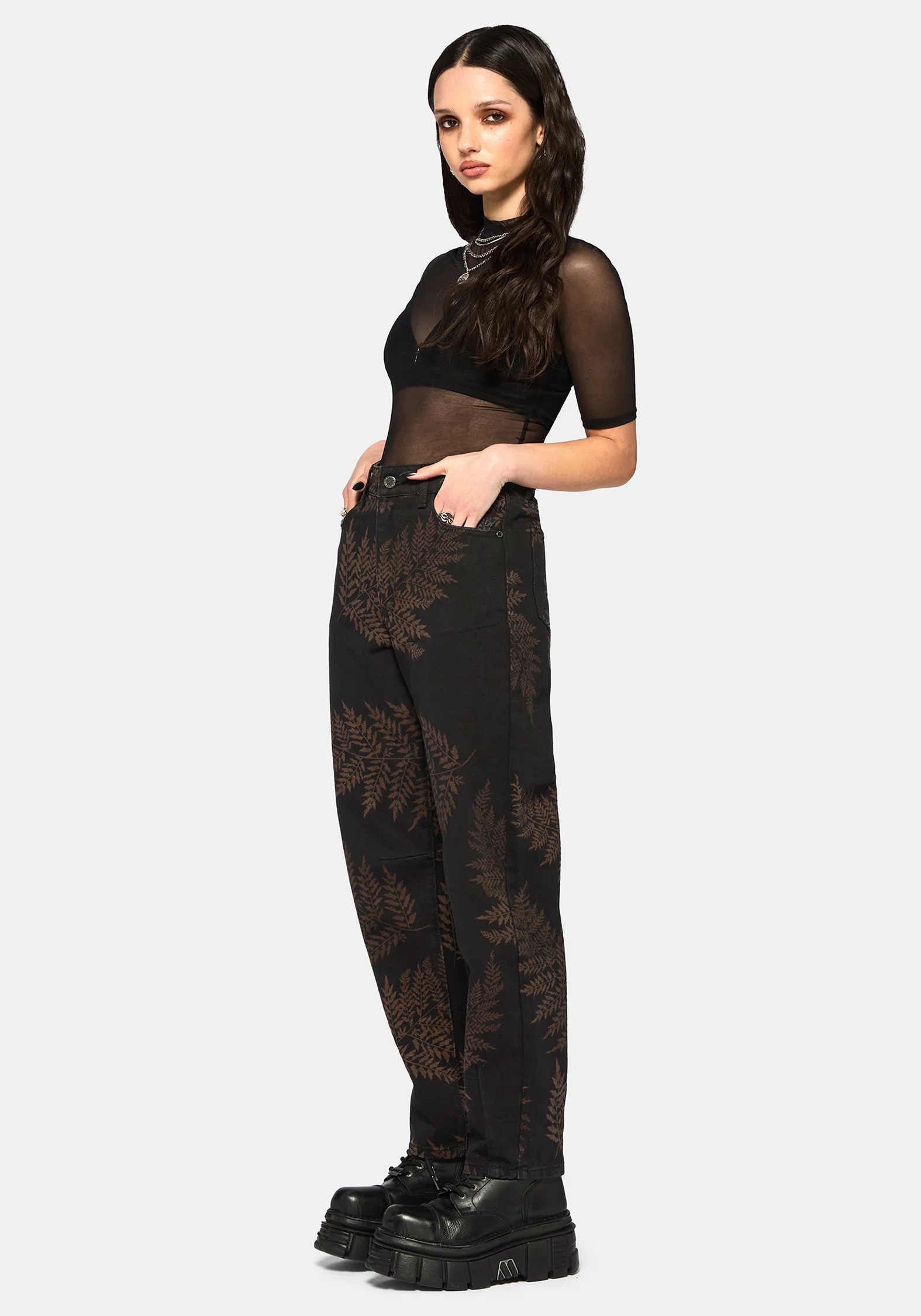 Ruin Fern Printed Barrel Leg Denim Jeans - Image 4