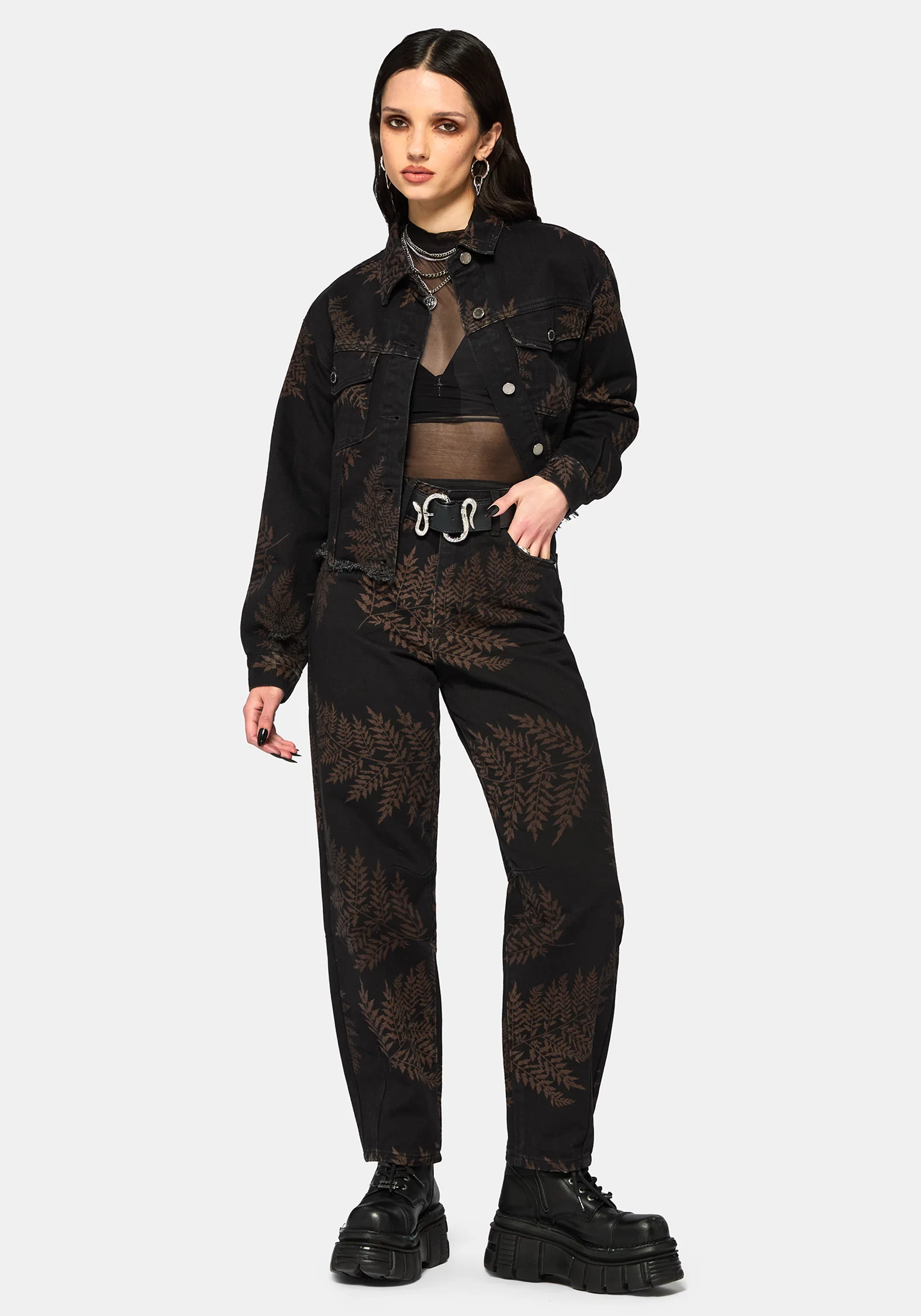 Ruin Fern Printed Barrel Leg Denim Jeans - Image 5