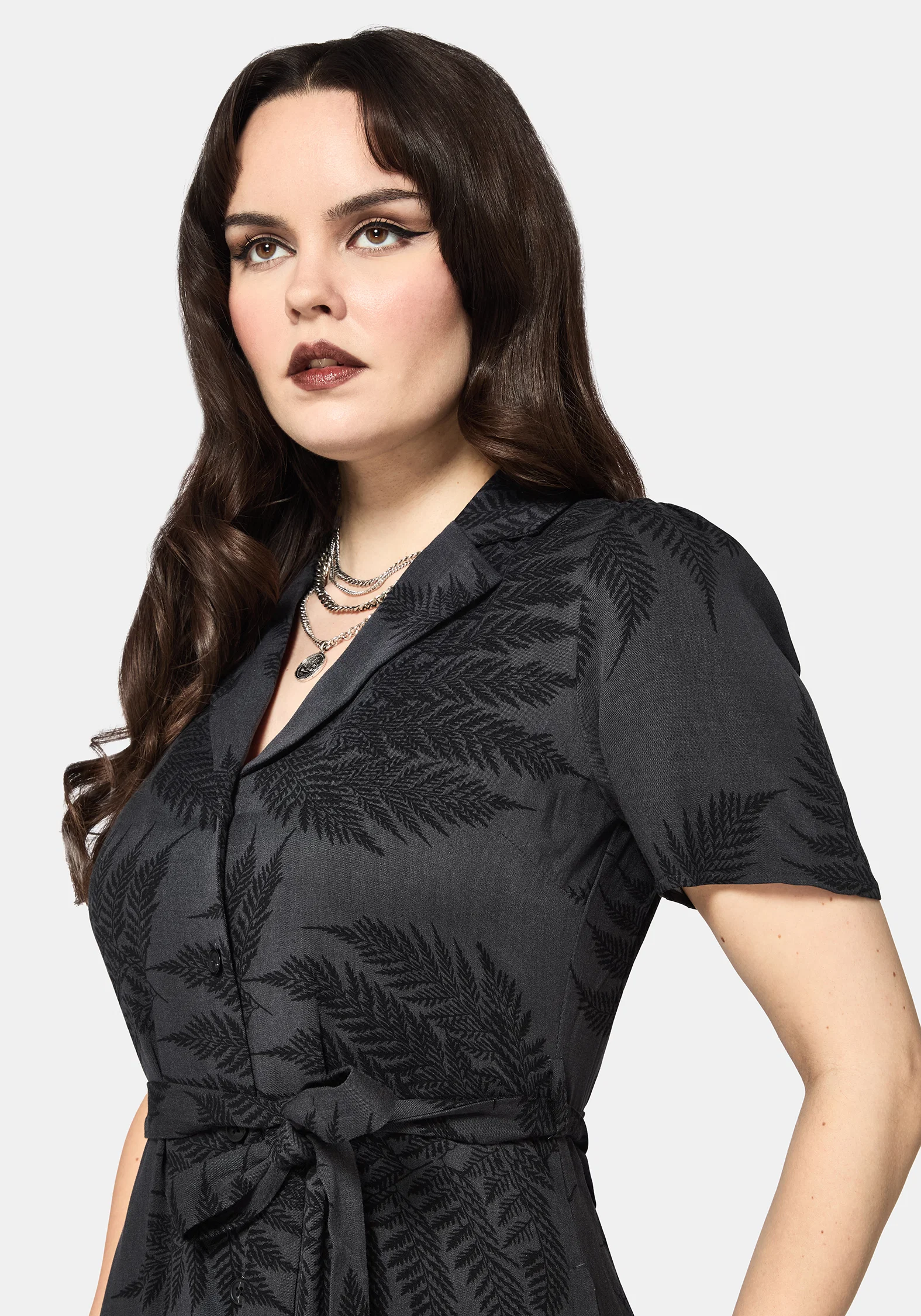 Ruin Fern Printed Button Up Midi Shirt Dress - Grey - Image 2