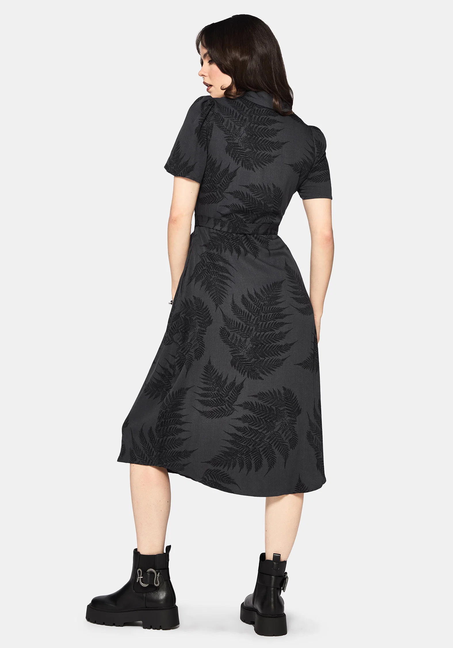 Ruin Fern Printed Button Up Midi Shirt Dress - Grey - Image 3