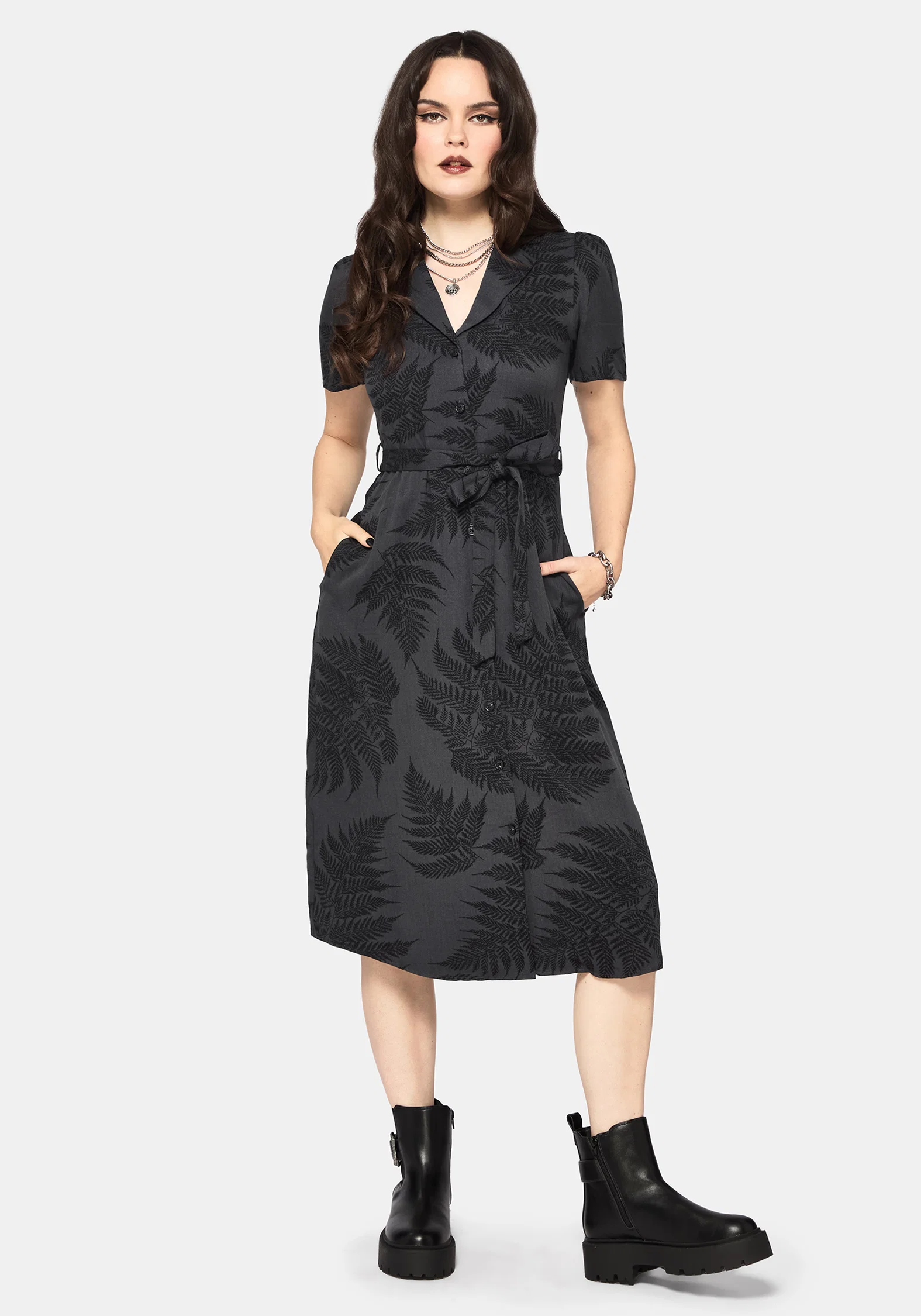 Ruin Fern Printed Button Up Midi Shirt Dress - Grey - Image 4