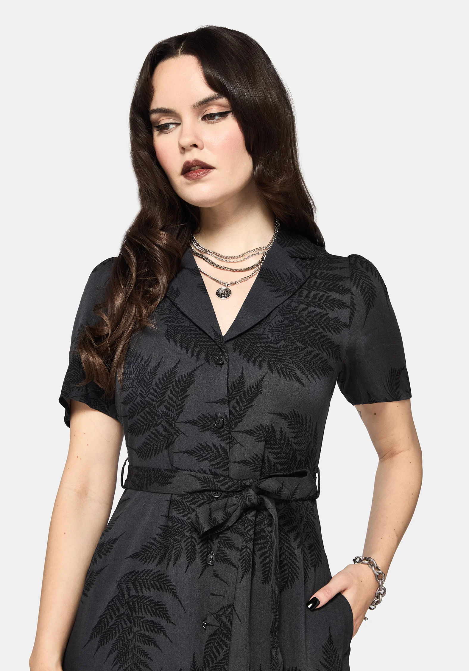 Ruin Fern Printed Button Up Midi Shirt Dress - Grey - Image 6