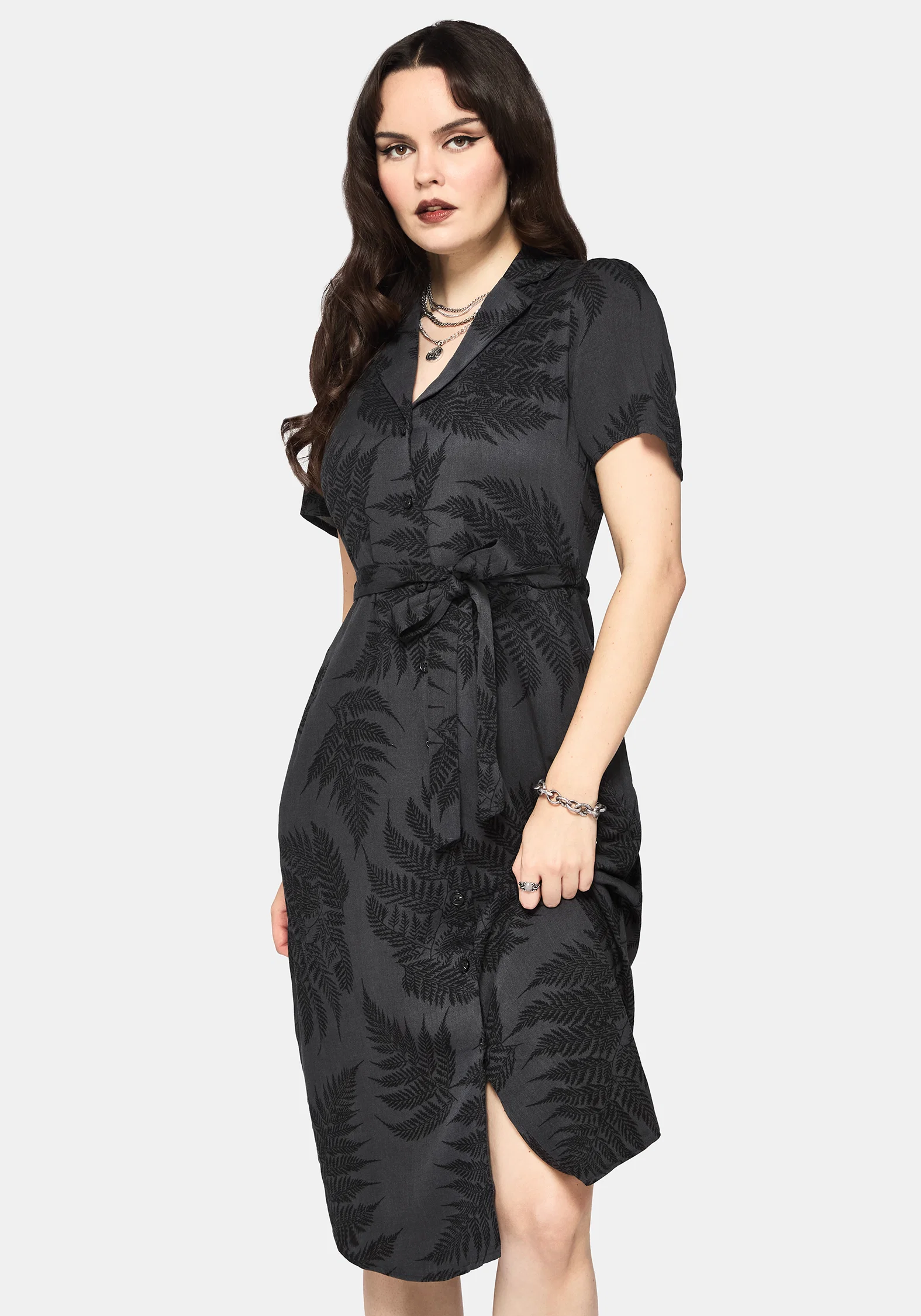 Ruin Fern Printed Button Up Midi Shirt Dress - Grey - Image 7