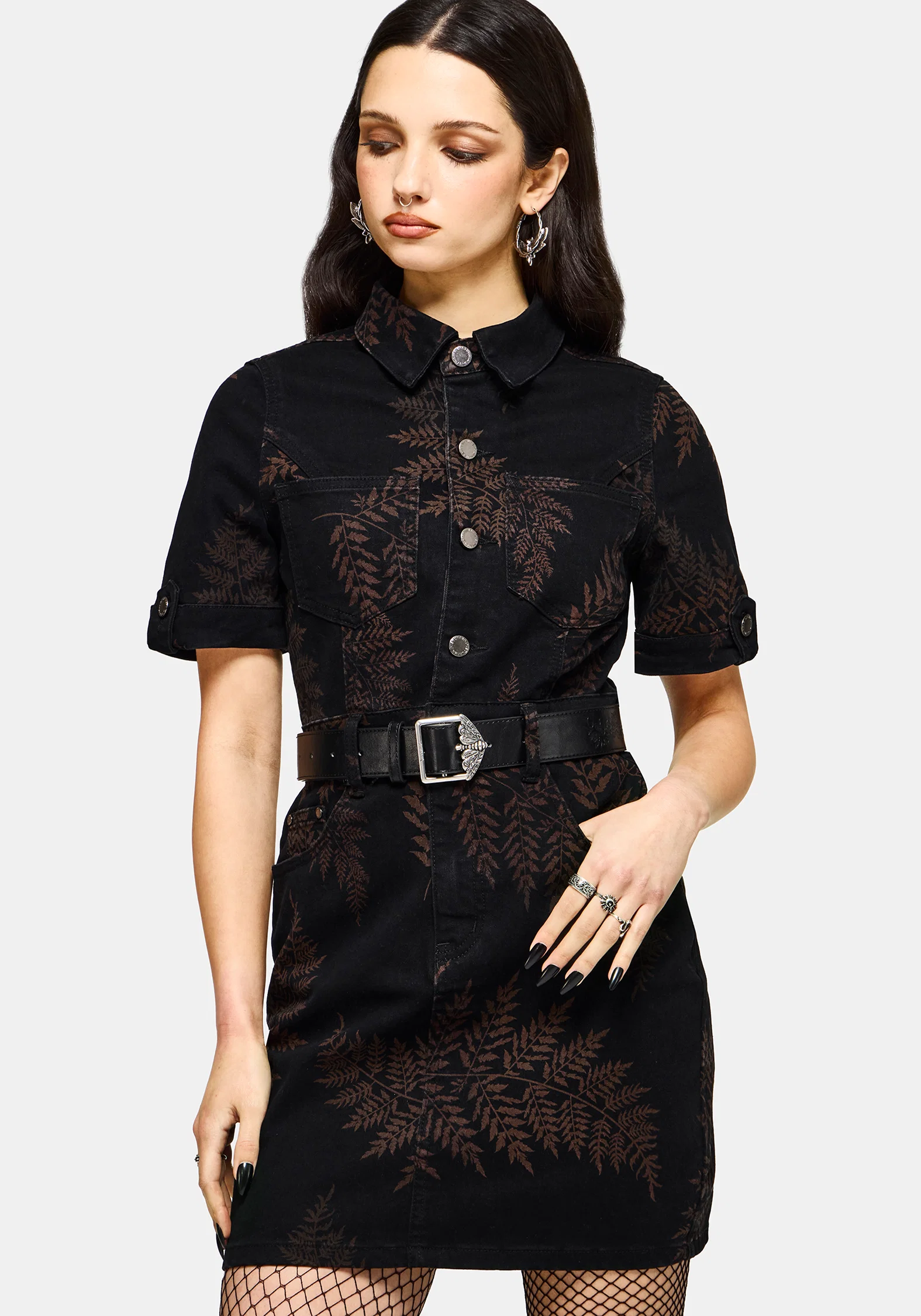 Ruin Fern Printed Denim Mini Shirt Dress - Image 6