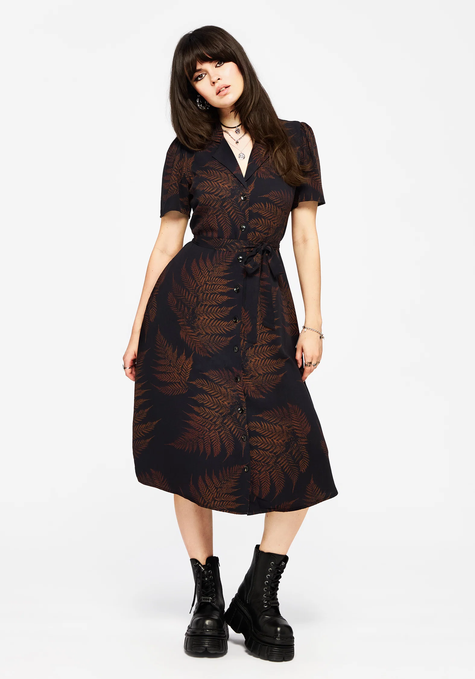 Ruin Fern Printed Midi Shirt Dress - Brown - Image 4
