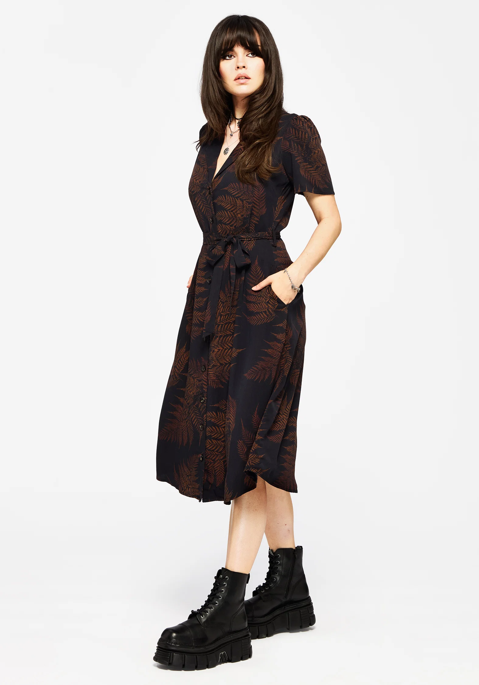 Ruin Fern Printed Midi Shirt Dress - Brown - Image 5