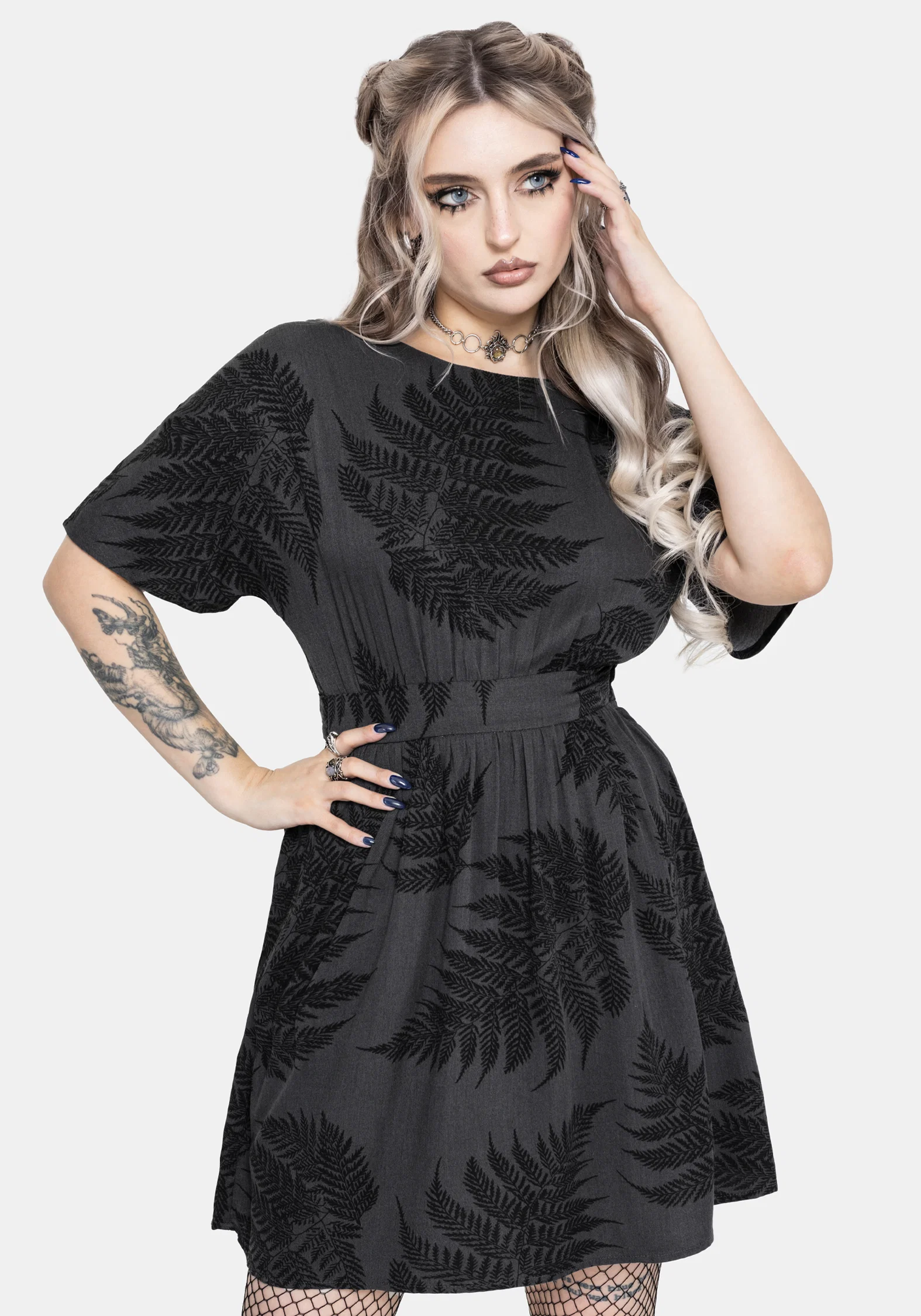 Ruin Fern Printed Tie Back Mini Dress - Grey - Image 2